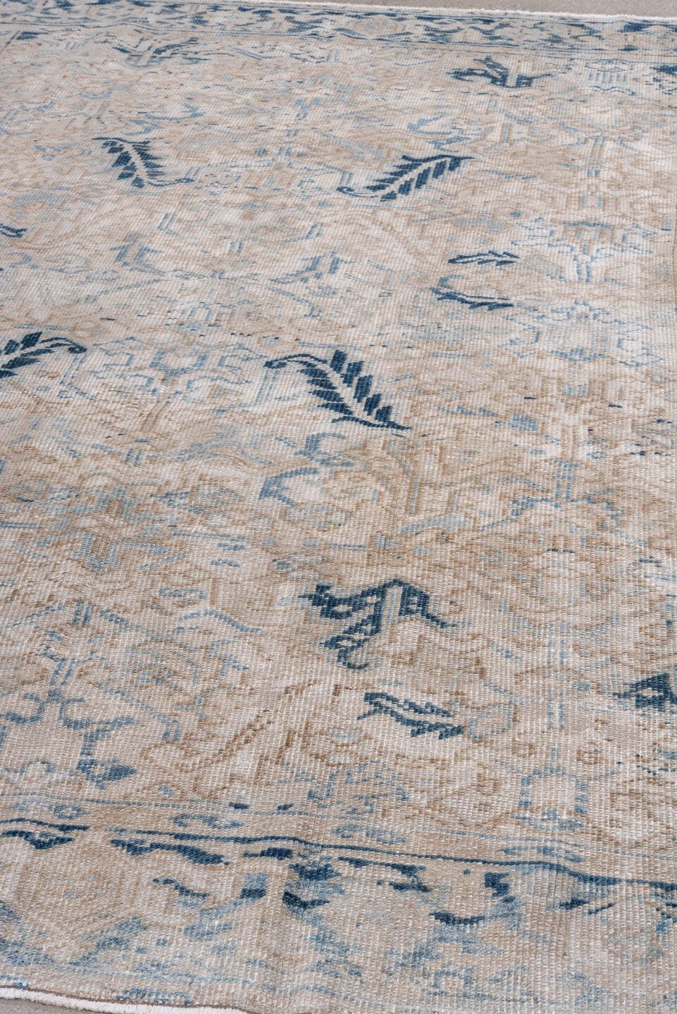 7' x 8' one-of-a-kind handmade vintage Heriz rug. Color palette: ivory, blue, taupe, navy, beige, cream, gray
