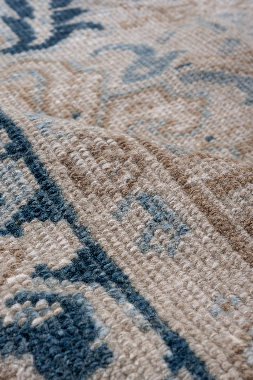 7' x 8' one-of-a-kind handmade vintage Heriz rug. Color palette: ivory, blue, taupe, navy, beige, cream, gray