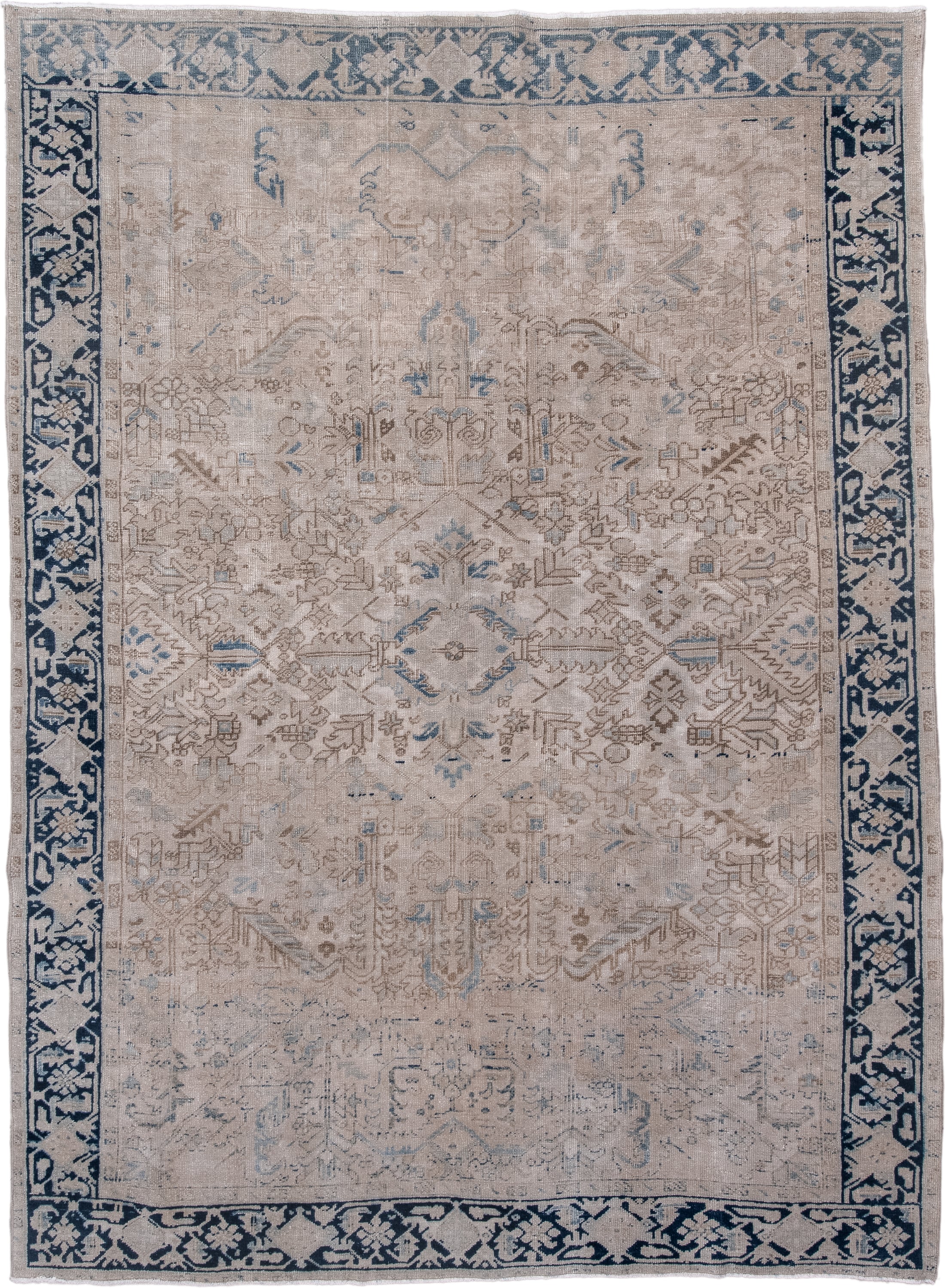 7' x 10' one-of-a-kind handmade antique Heriz large size rug. Color palette: ivory, navy, taupe, slate, beige, powder_blue