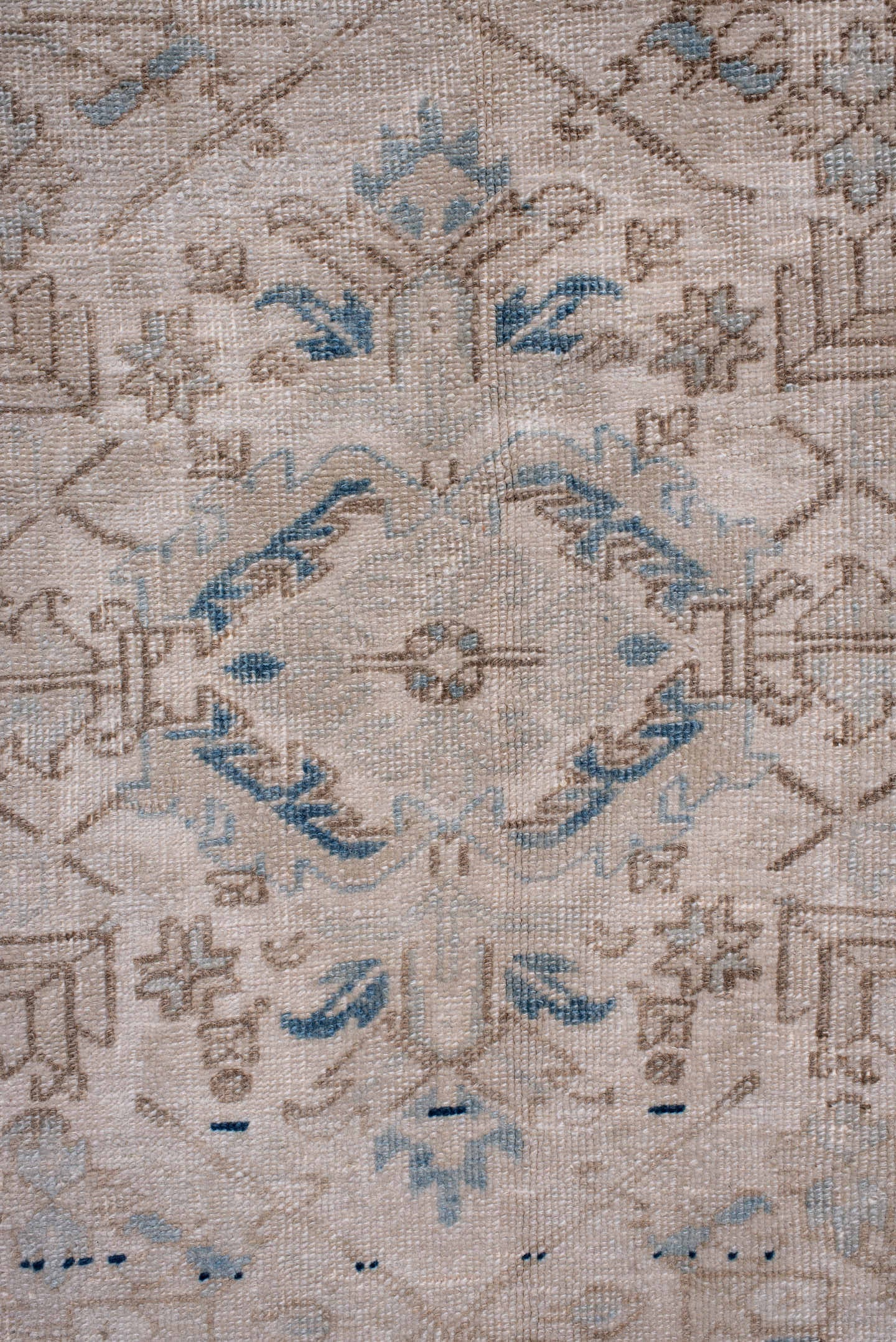 7' x 10' one-of-a-kind handmade antique Heriz large size rug. Color palette: ivory, navy, taupe, slate, beige, powder_blue