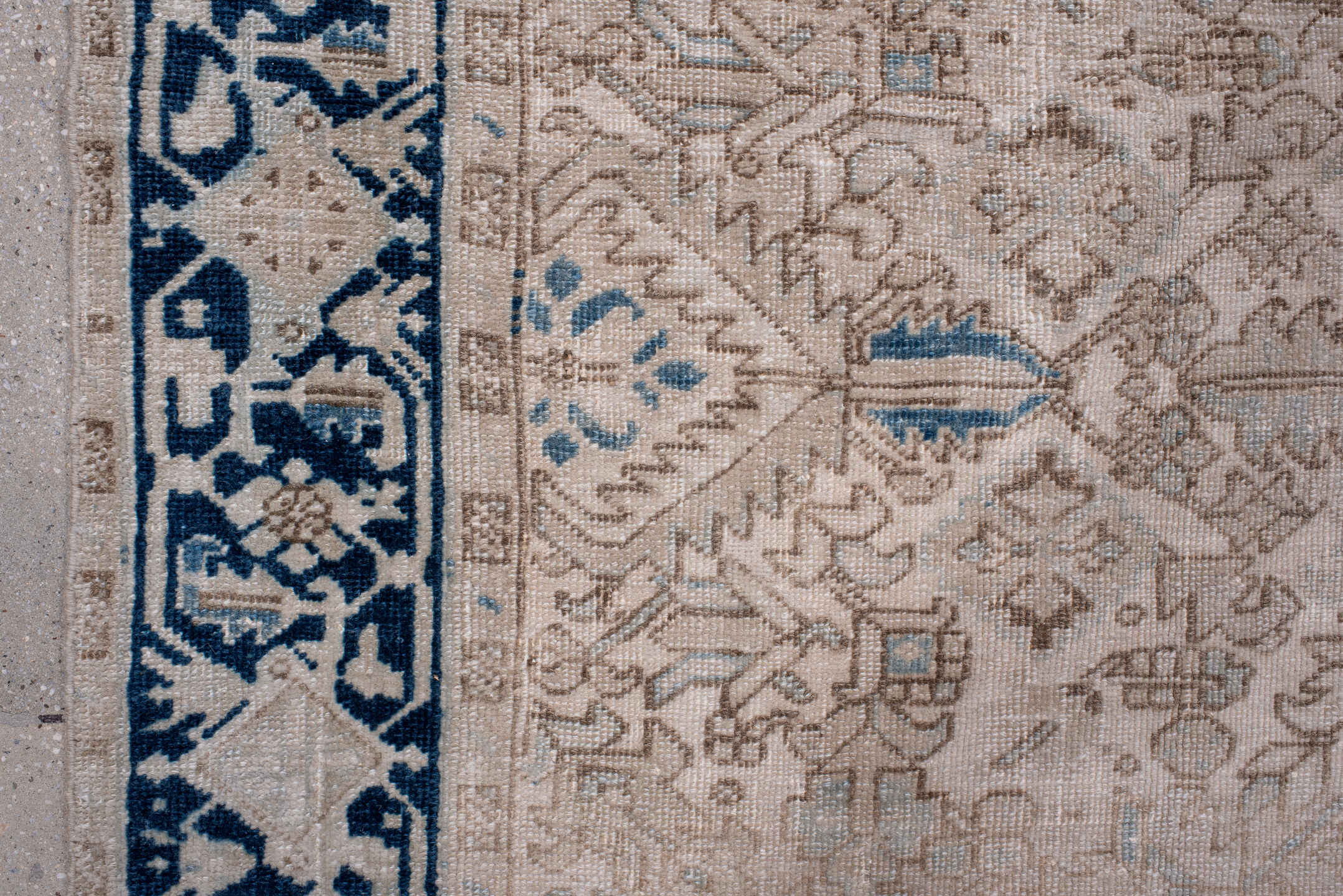 7' x 10' one-of-a-kind handmade antique Heriz large size rug. Color palette: ivory, navy, taupe, slate, beige, powder_blue