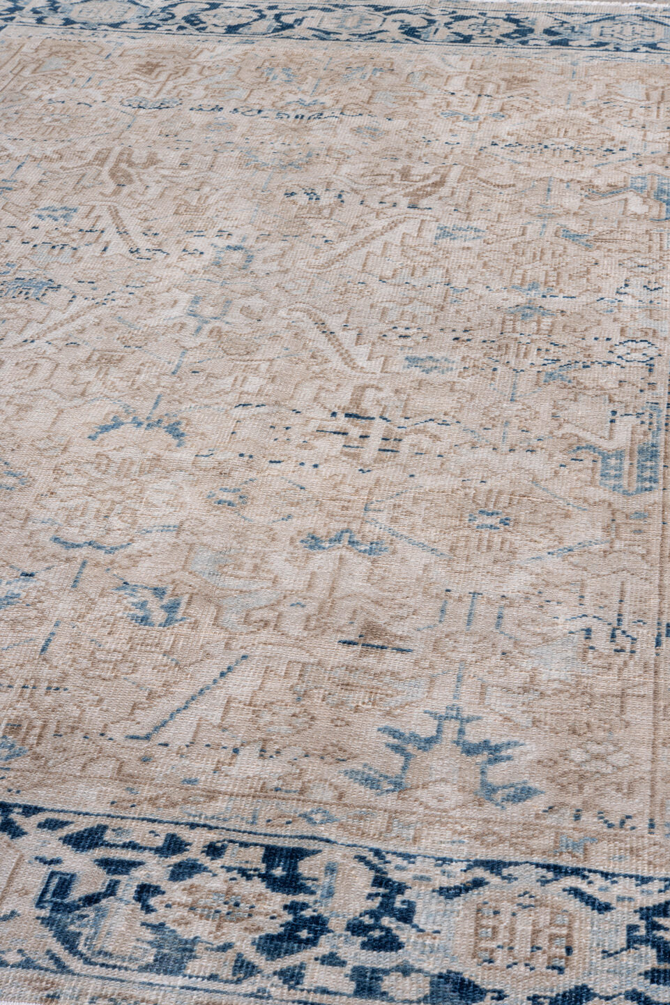 7' x 8' one-of-a-kind handmade vintage Heriz rug. Color palette: arapawa, blue, dark gray, fiord, gainsboro, gray