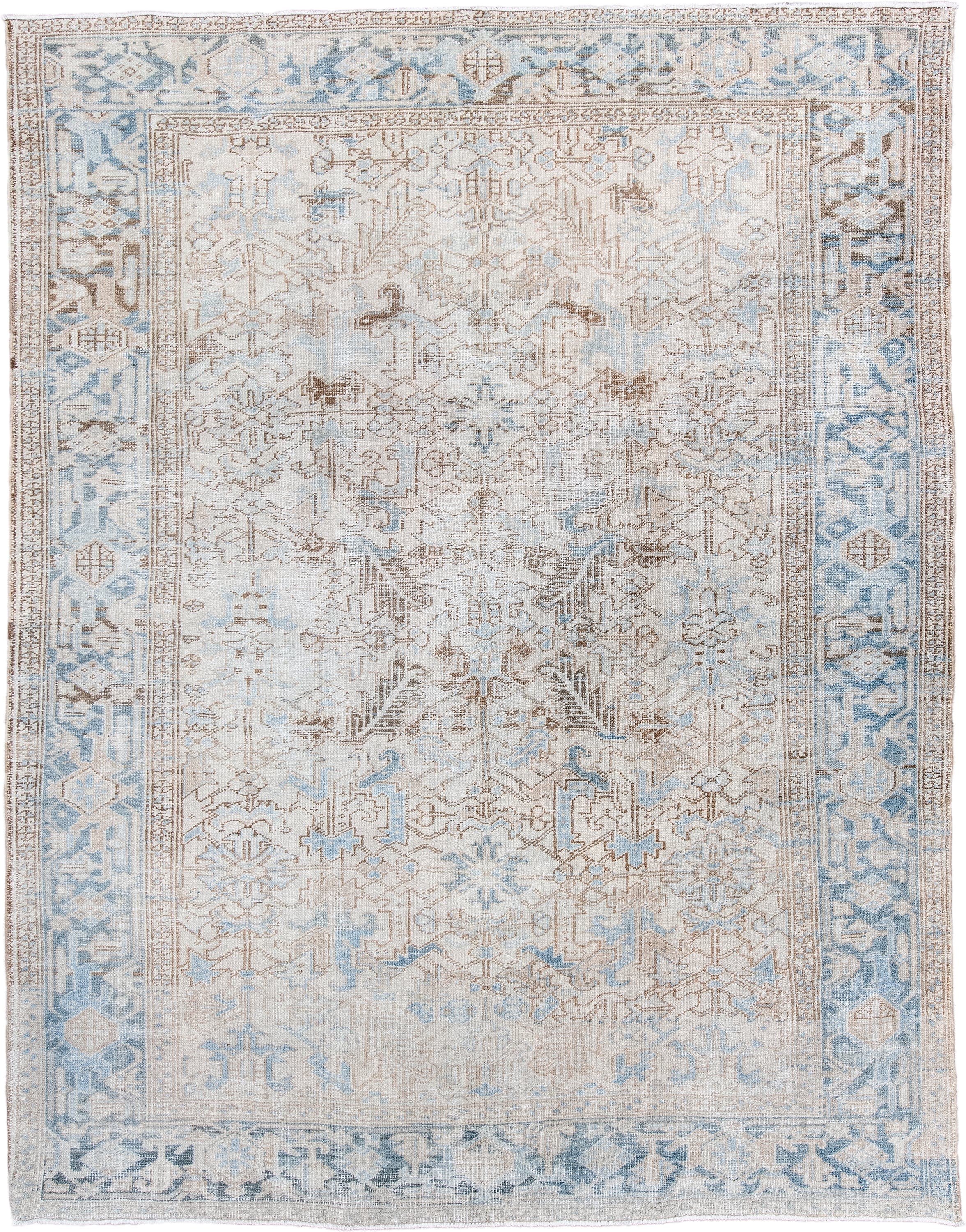 7' x 10' one-of-a-kind handmade antique Heriz large size rug. Color palette: ivory, sky blue, taupe, beige, camel