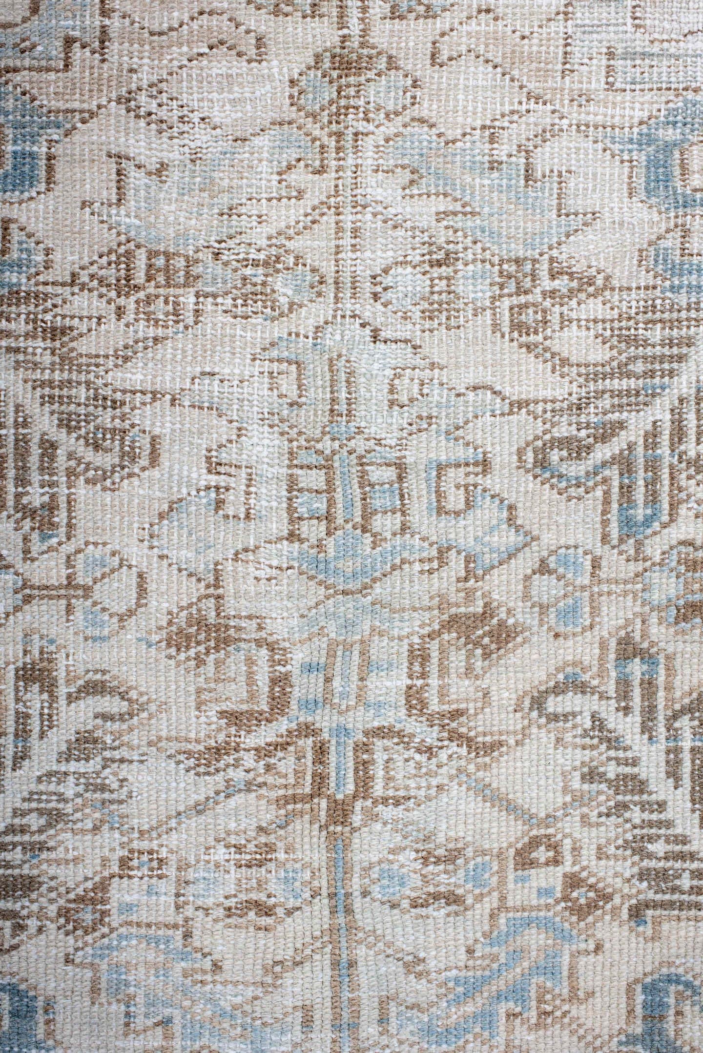 7' x 10' one-of-a-kind handmade antique Heriz large size rug. Color palette: ivory, sky blue, taupe, beige, camel
