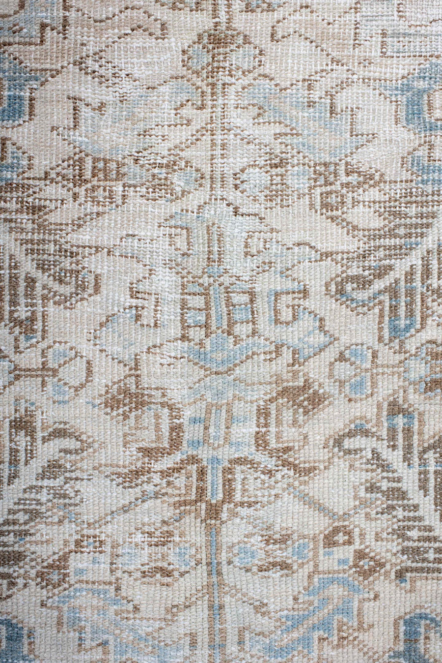 7' x 10' one-of-a-kind handmade antique Heriz large size rug. Color palette: ivory, sky blue, taupe, beige, camel
