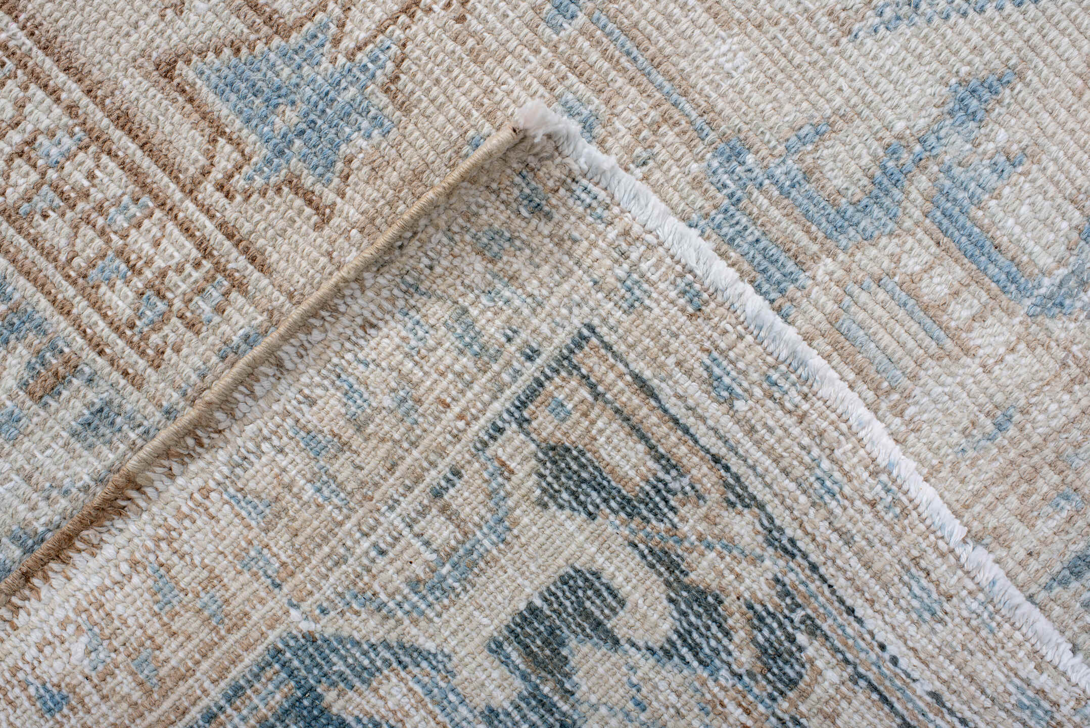 7' x 10' one-of-a-kind handmade antique Heriz large size rug. Color palette: ivory, sky blue, taupe, beige, camel