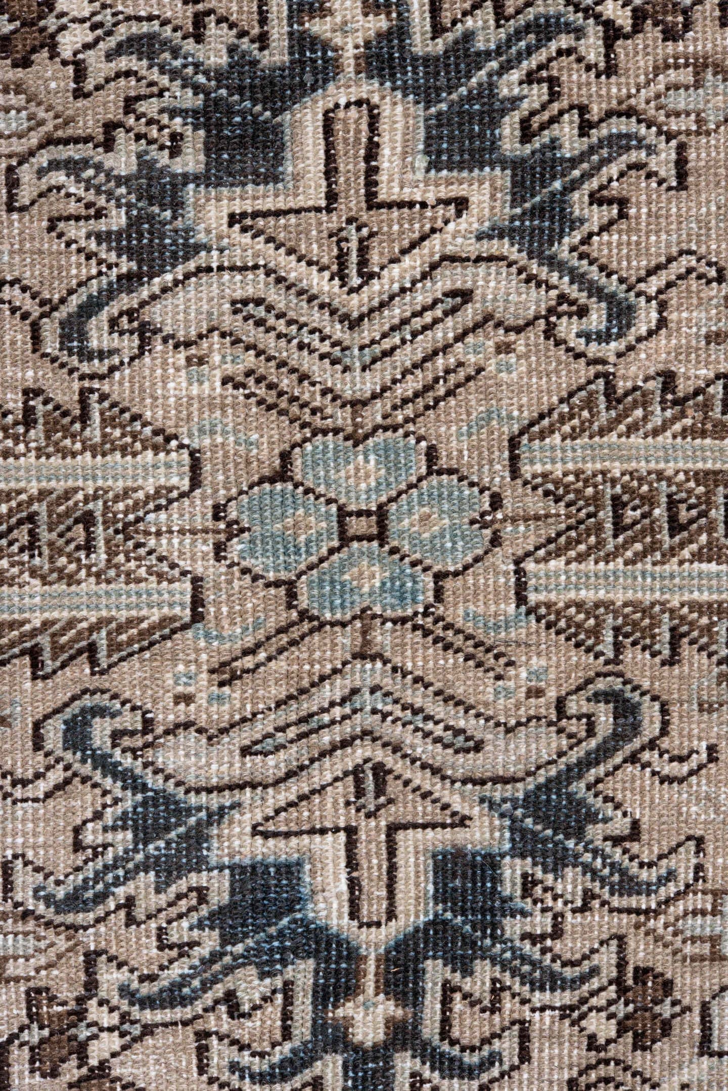 6' x 8' one-of-a-kind handmade vintage Heriz medium size rug. Color palette: ivory, taupe, charcoal, brown, pale blue, camel