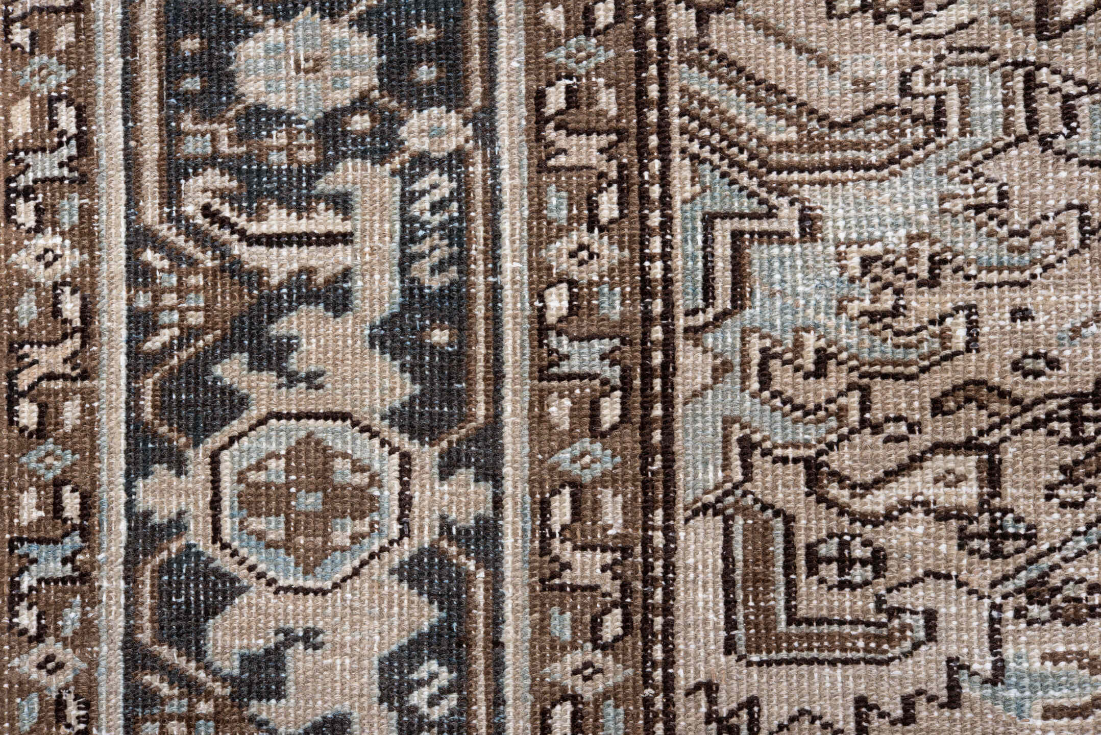 6' x 8' one-of-a-kind handmade vintage Heriz medium size rug. Color palette: ivory, taupe, charcoal, brown, pale blue, camel