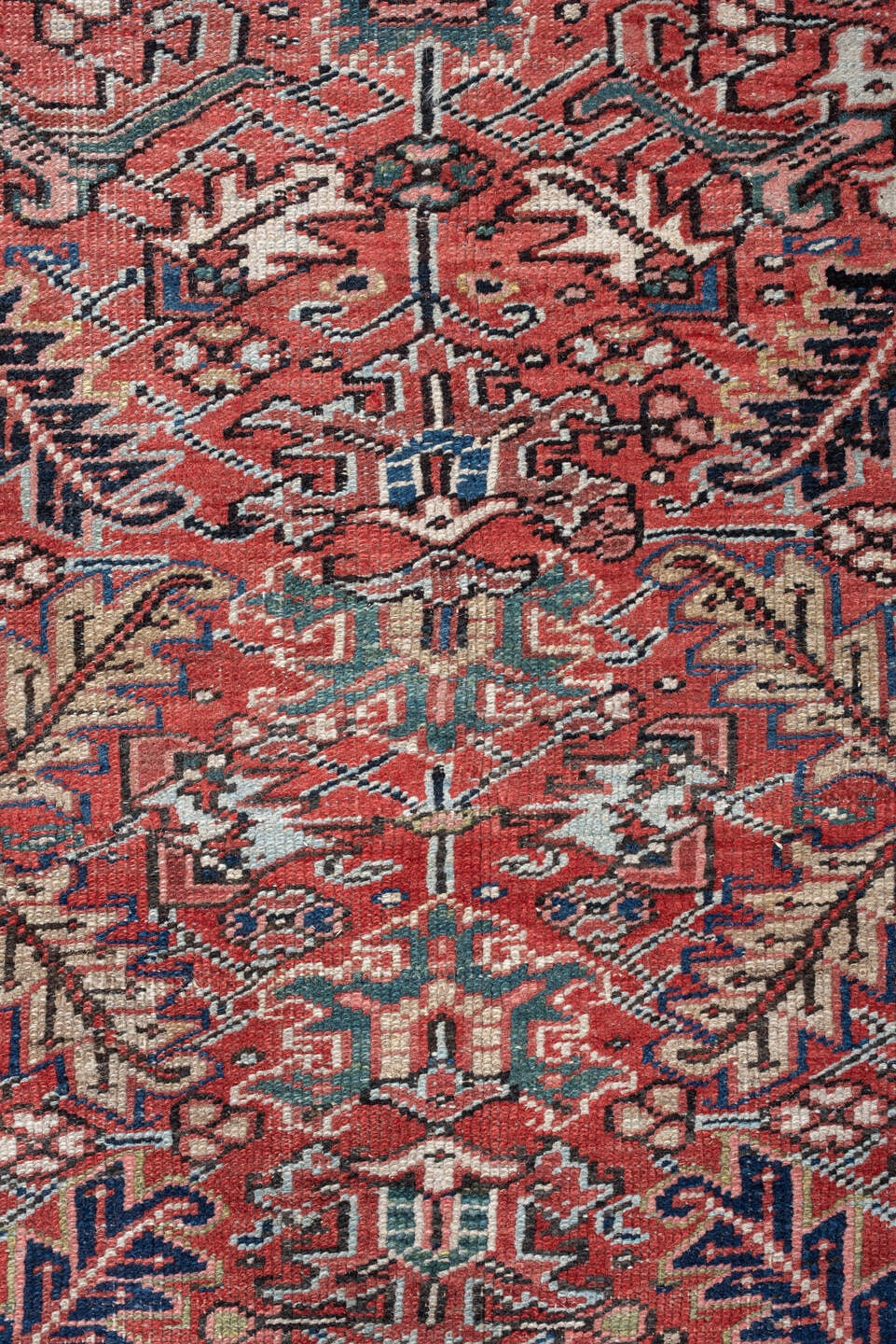 7' x 9' one-of-a-kind handmade vintage Heriz rug. Color palette: terracotta, navy, ivory, sky blue, slate blue, coral, camel