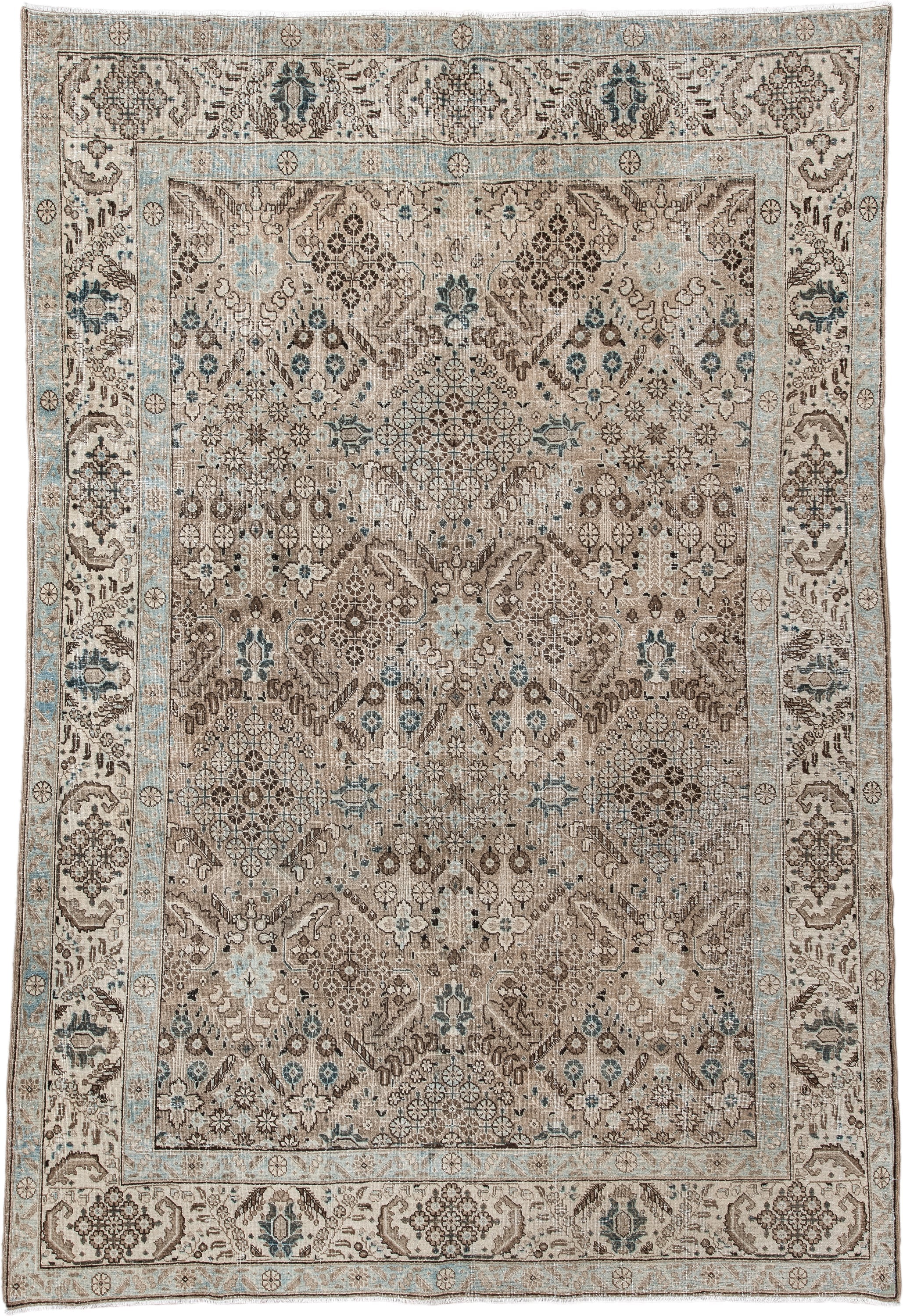 6' x 9' one-of-a-kind handmade antique Tabriz medium size rug. Color palette: taupe, ivory, pale blue, brown, beige, slate