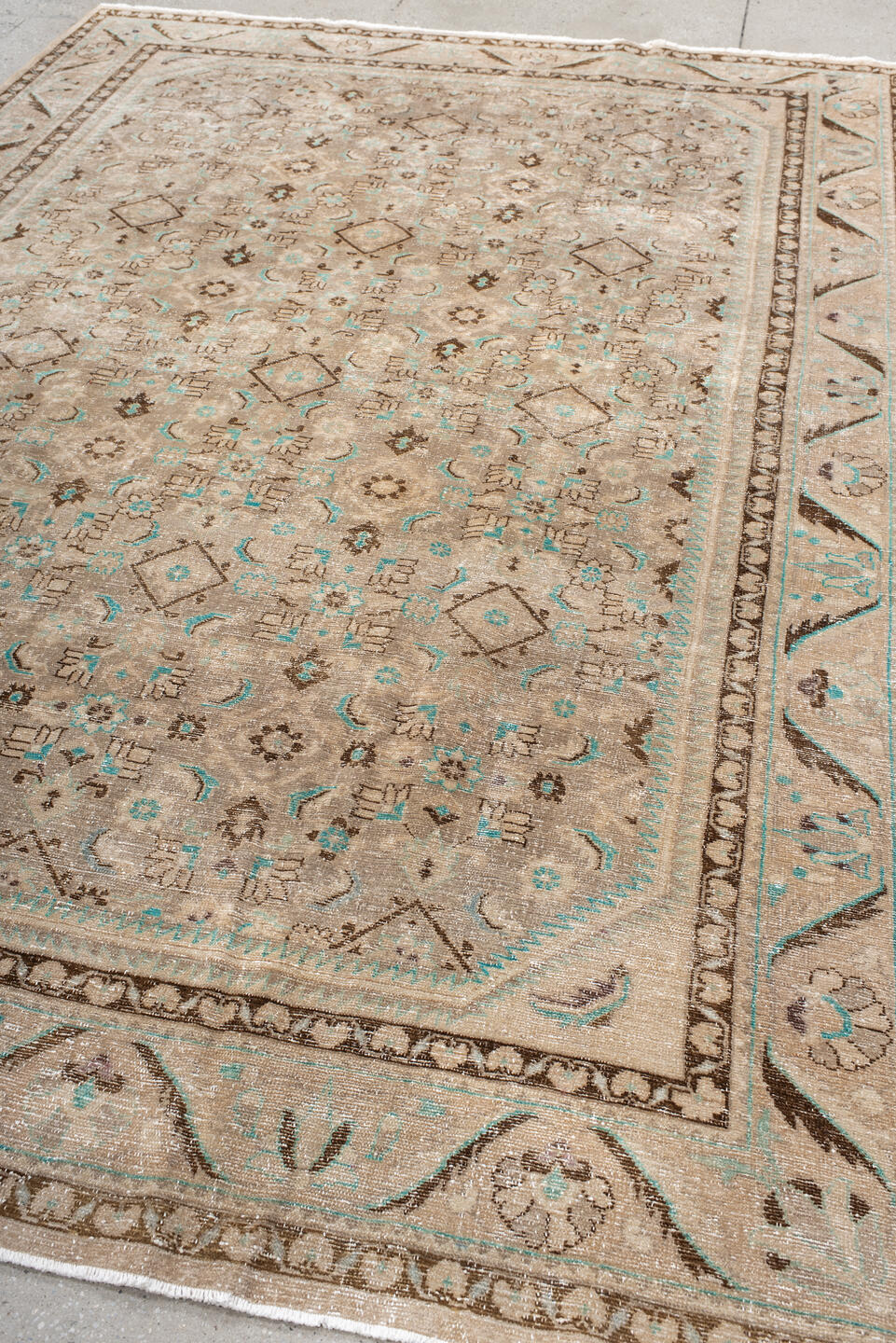 7' x 10' one-of-a-kind handmade vintage Hamadan large size rug. Color palette: taupe, ivory, brown, aqua, beige, gray, teal