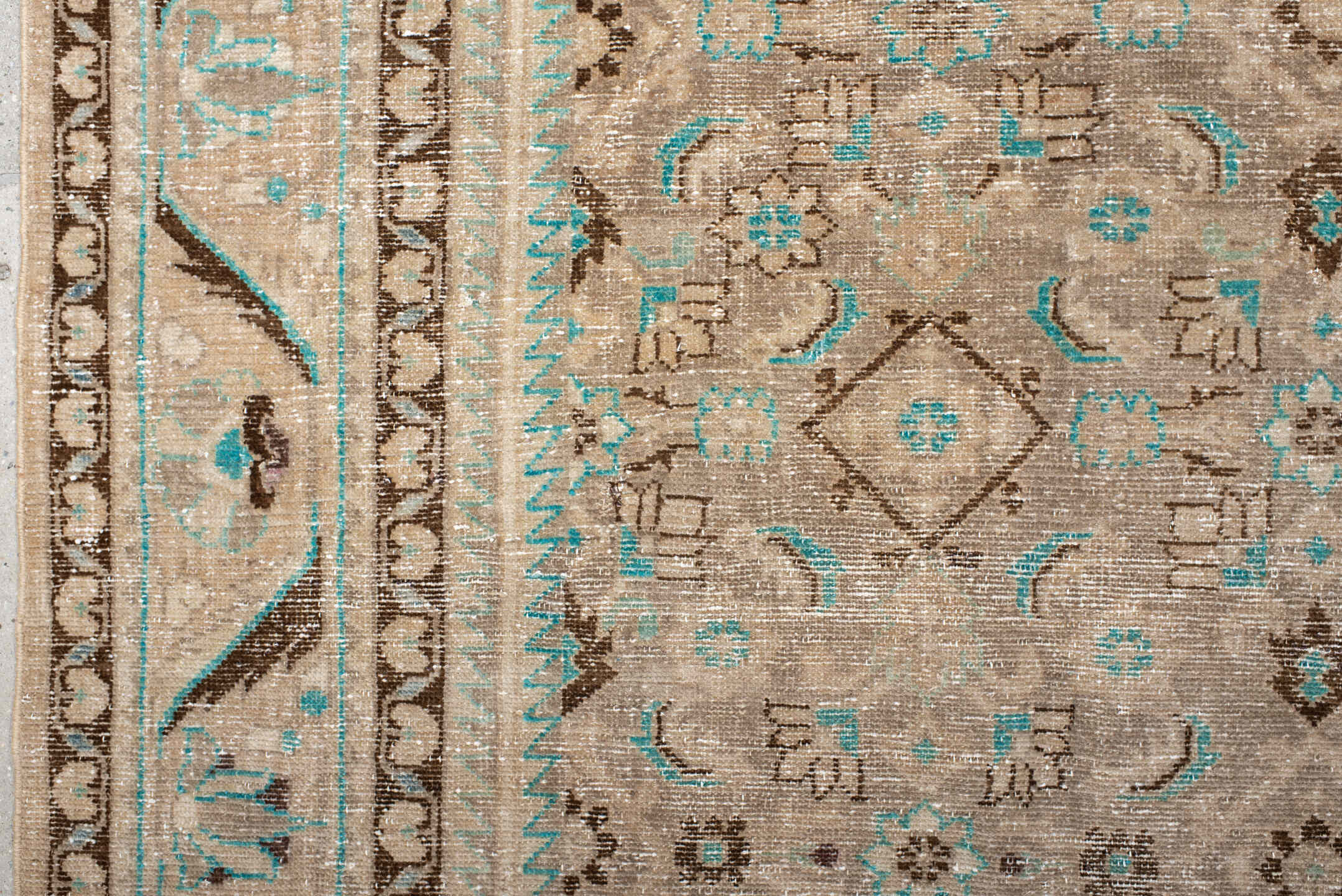 7' x 10' one-of-a-kind handmade vintage Hamadan large size rug. Color palette: taupe, ivory, brown, aqua, beige, gray, teal