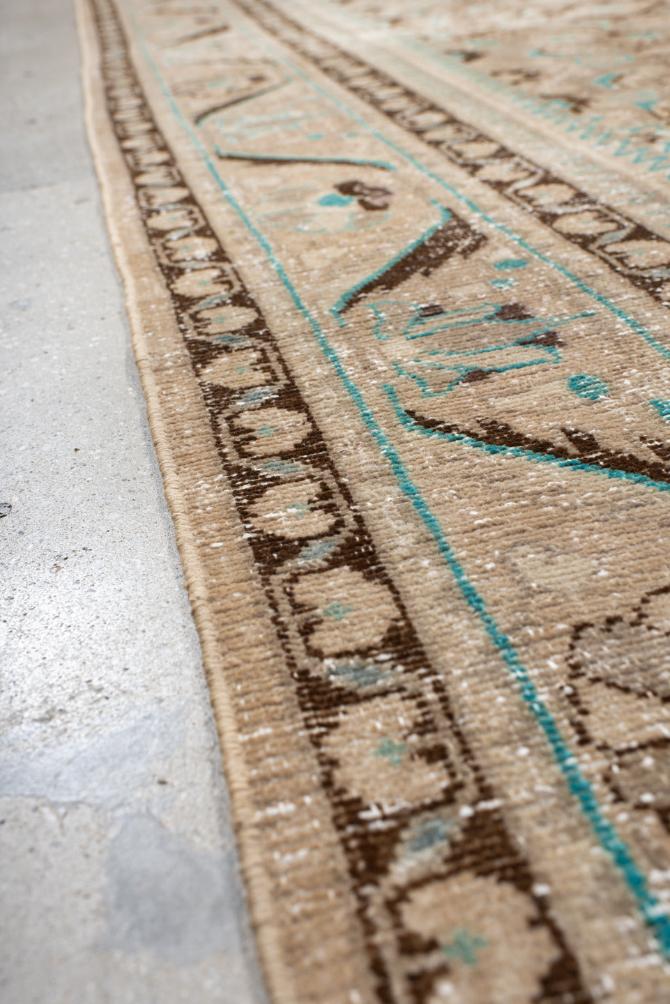 7' x 10' one-of-a-kind handmade vintage Hamadan large size rug. Color palette: taupe, ivory, brown, aqua, beige, gray, teal