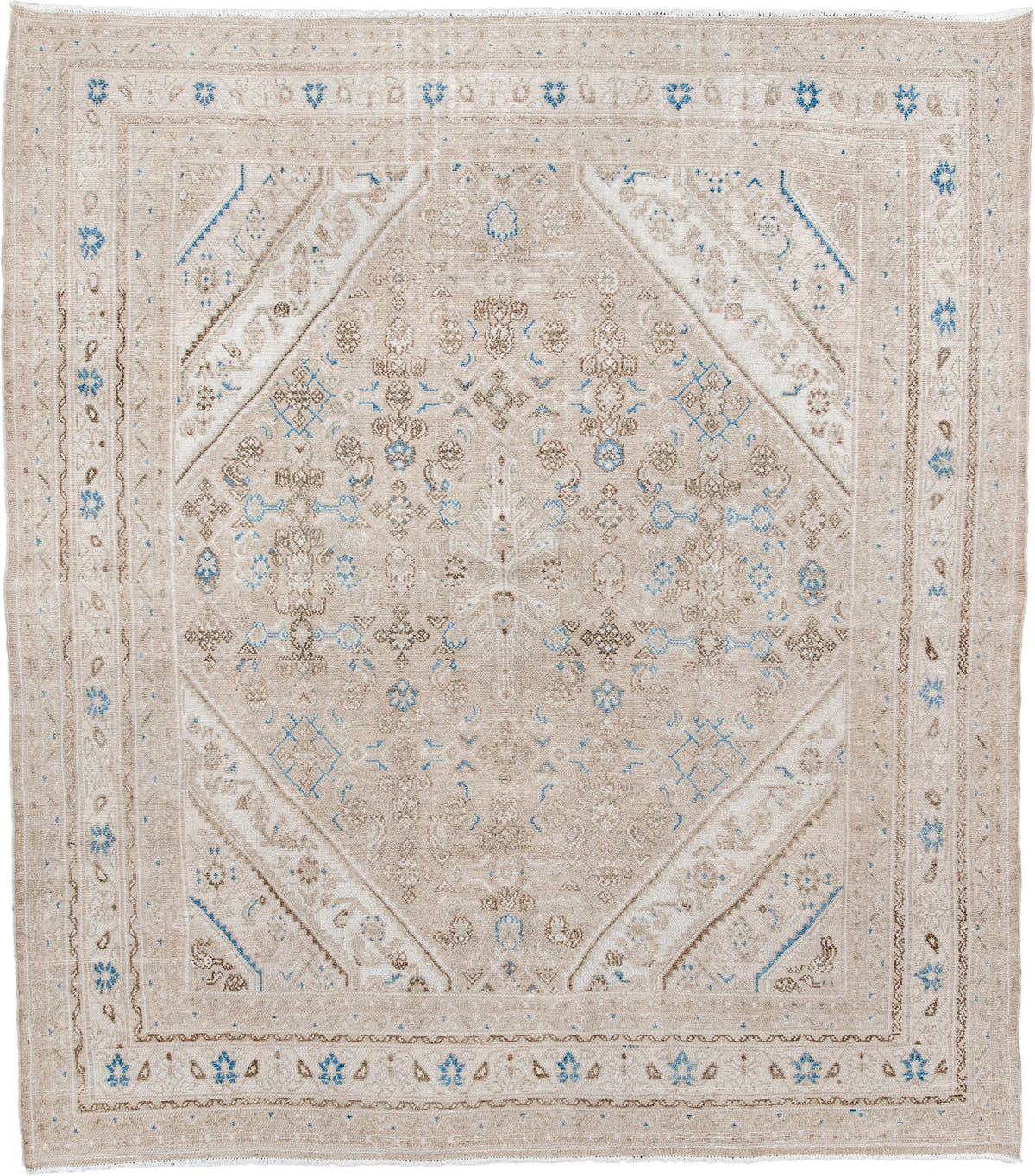 7' x 8' one-of-a-kind handmade antique Bibikabad rug. Color palette: ivory, taupe, sky blue, beige, camel, brown, gray