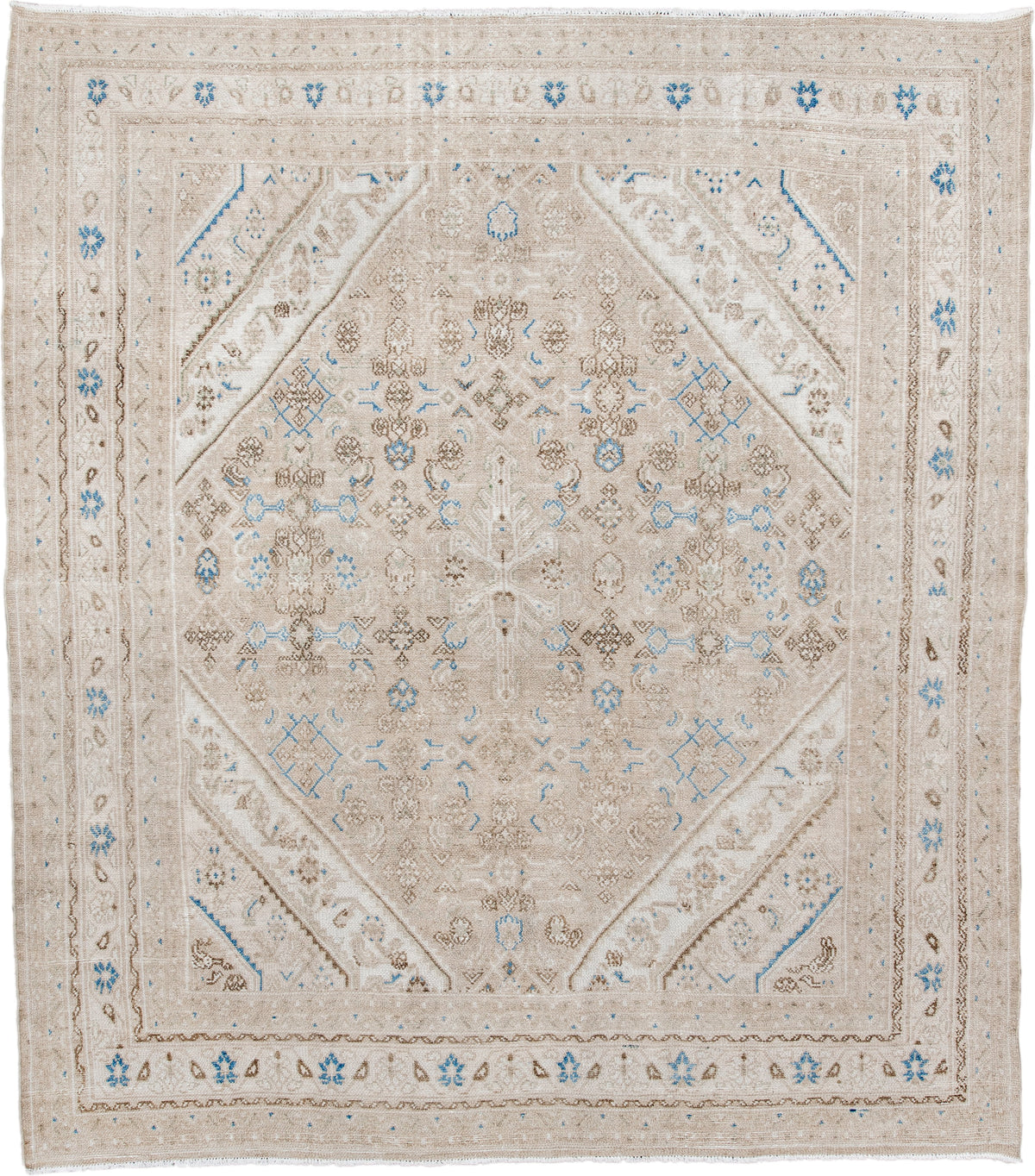 7' x 8' one-of-a-kind handmade antique Bibikabad rug. Color palette: ivory, taupe, sky blue, beige, camel, brown, gray