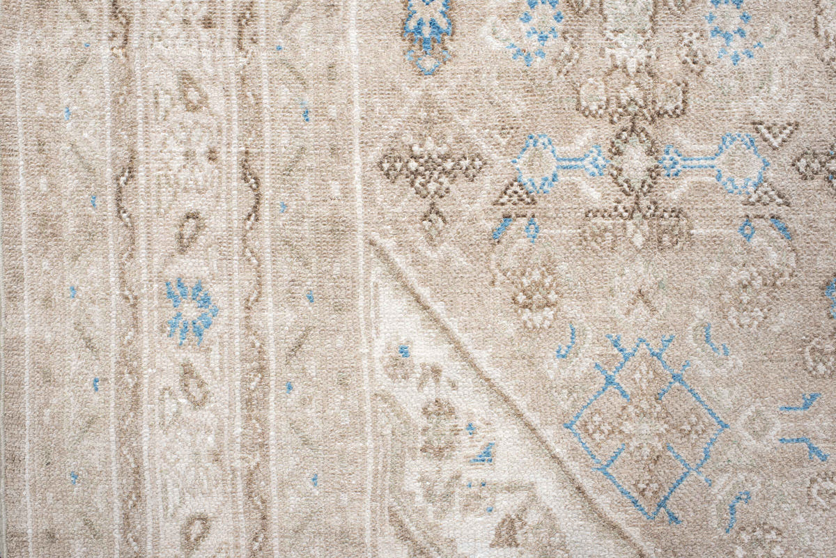 7' x 8' one-of-a-kind handmade antique Bibikabad rug. Color palette: ivory, taupe, sky blue, beige, camel, brown, gray