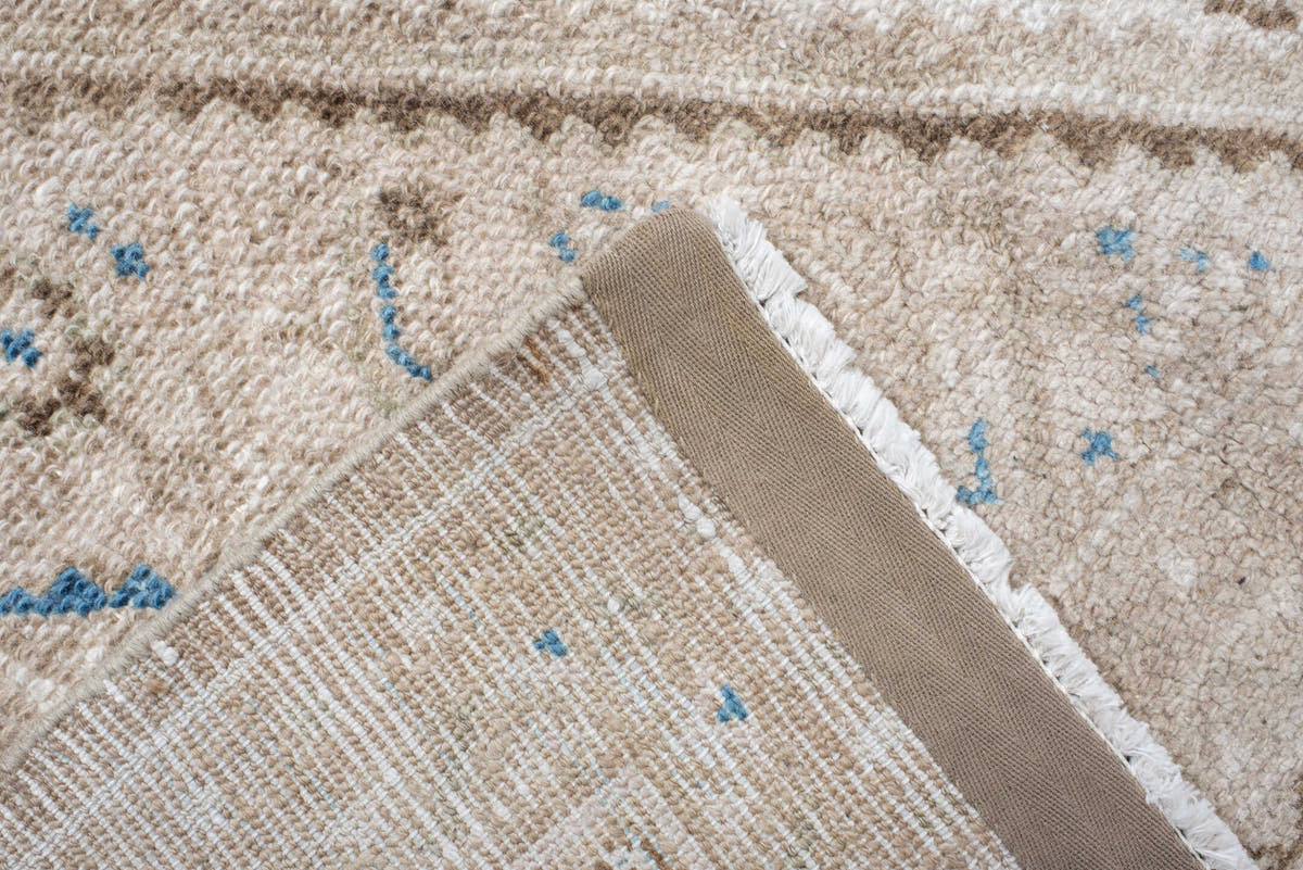 7' x 8' one-of-a-kind handmade antique Bibikabad rug. Color palette: ivory, taupe, sky blue, beige, camel, brown, gray