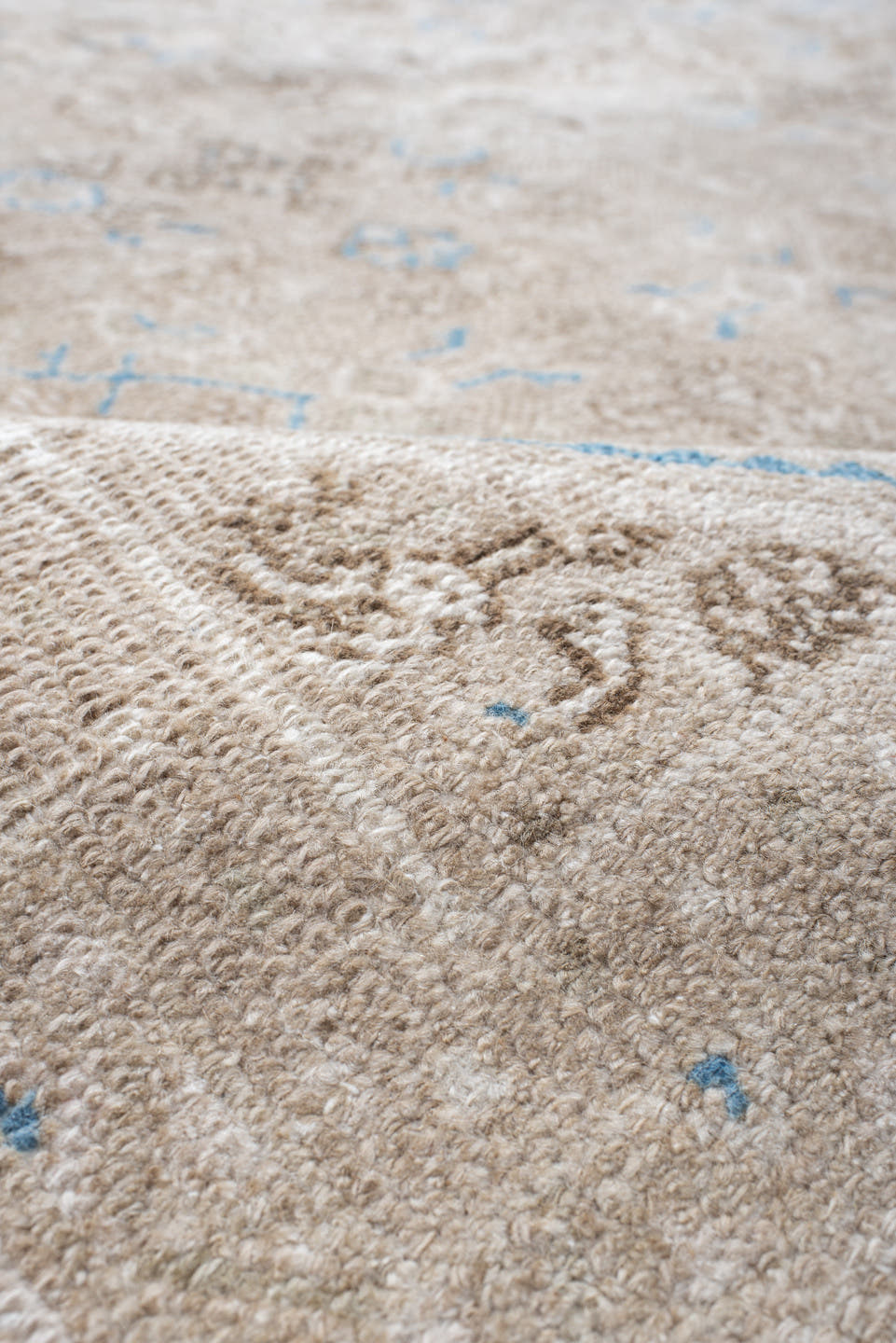 7' x 8' one-of-a-kind handmade antique Bibikabad rug. Color palette: ivory, taupe, sky blue, beige, camel, brown, gray