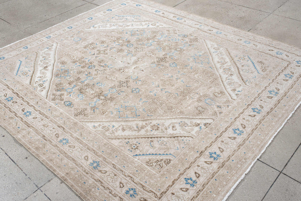 7' x 8' one-of-a-kind handmade antique Bibikabad rug. Color palette: ivory, taupe, sky blue, beige, camel, brown, gray