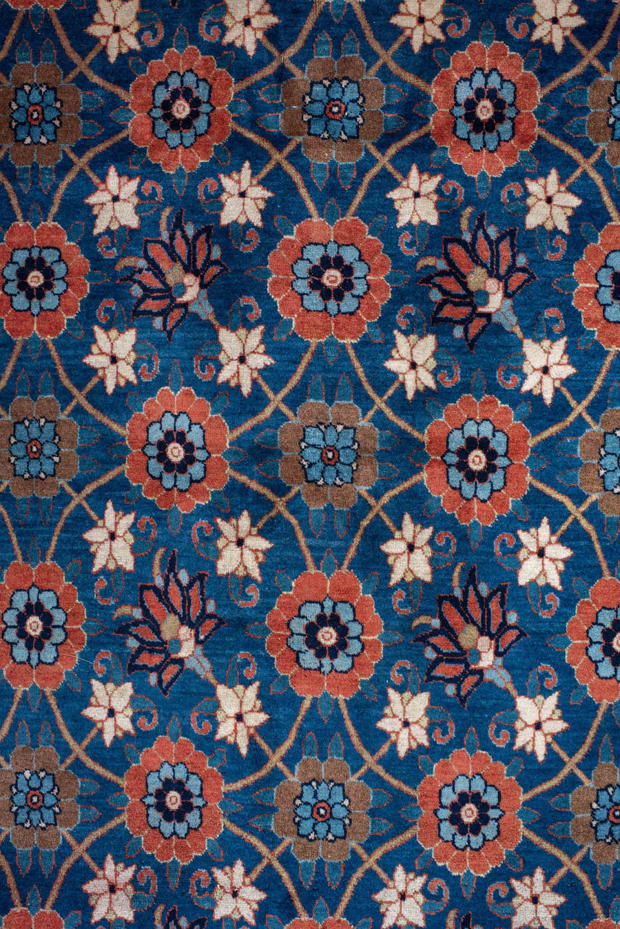 7' x 11' one-of-a-kind handmade antique Varamin large size rug. Color palette: blue, ivory, rust, navy, coral, teal