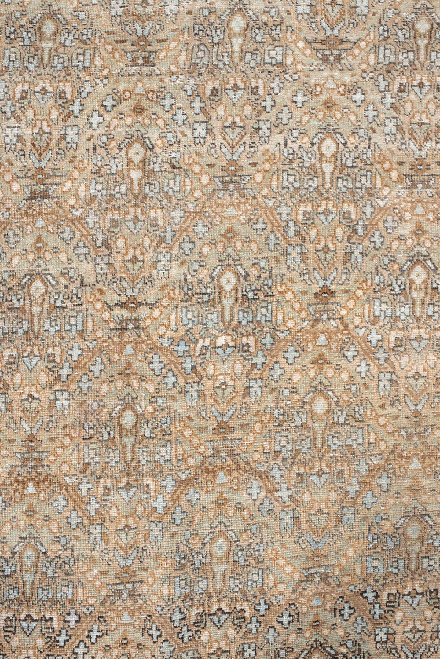 5' x 6' one-of-a-kind handmade antique Afshar rug. Color palette: camel, ivory, rust, taupe, slate, brown, beige, terracotta