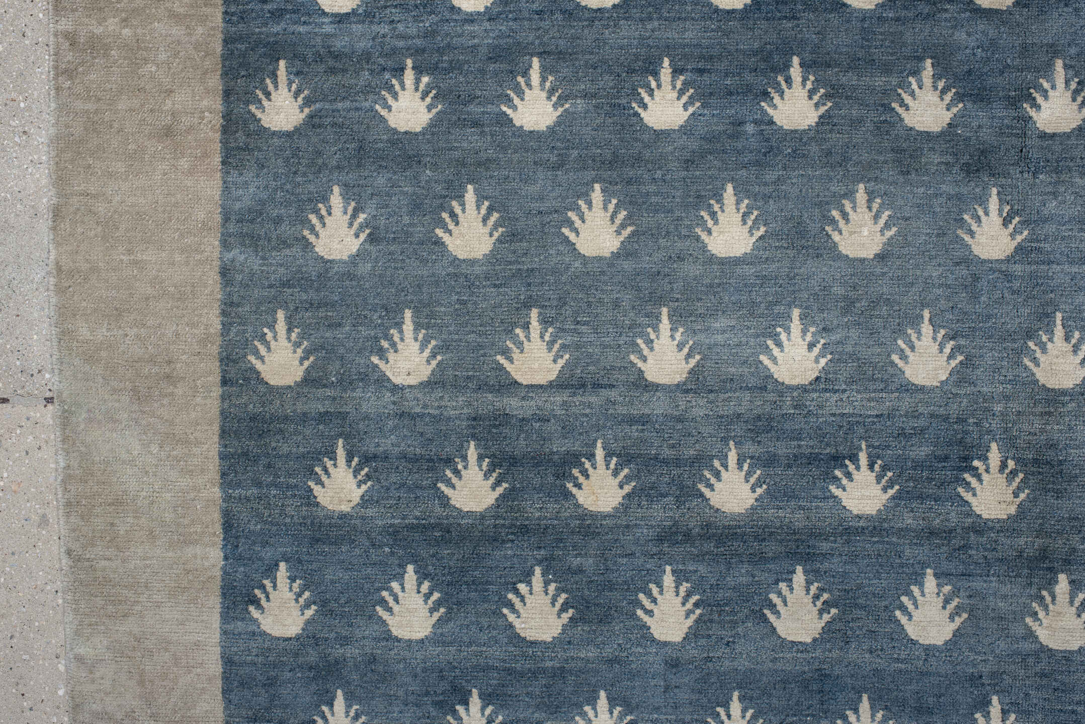 7' x 9' one-of-a-kind handmade vintage Tibetan rug. Color palette: blue, ivory, cream, taupe, gray, beige