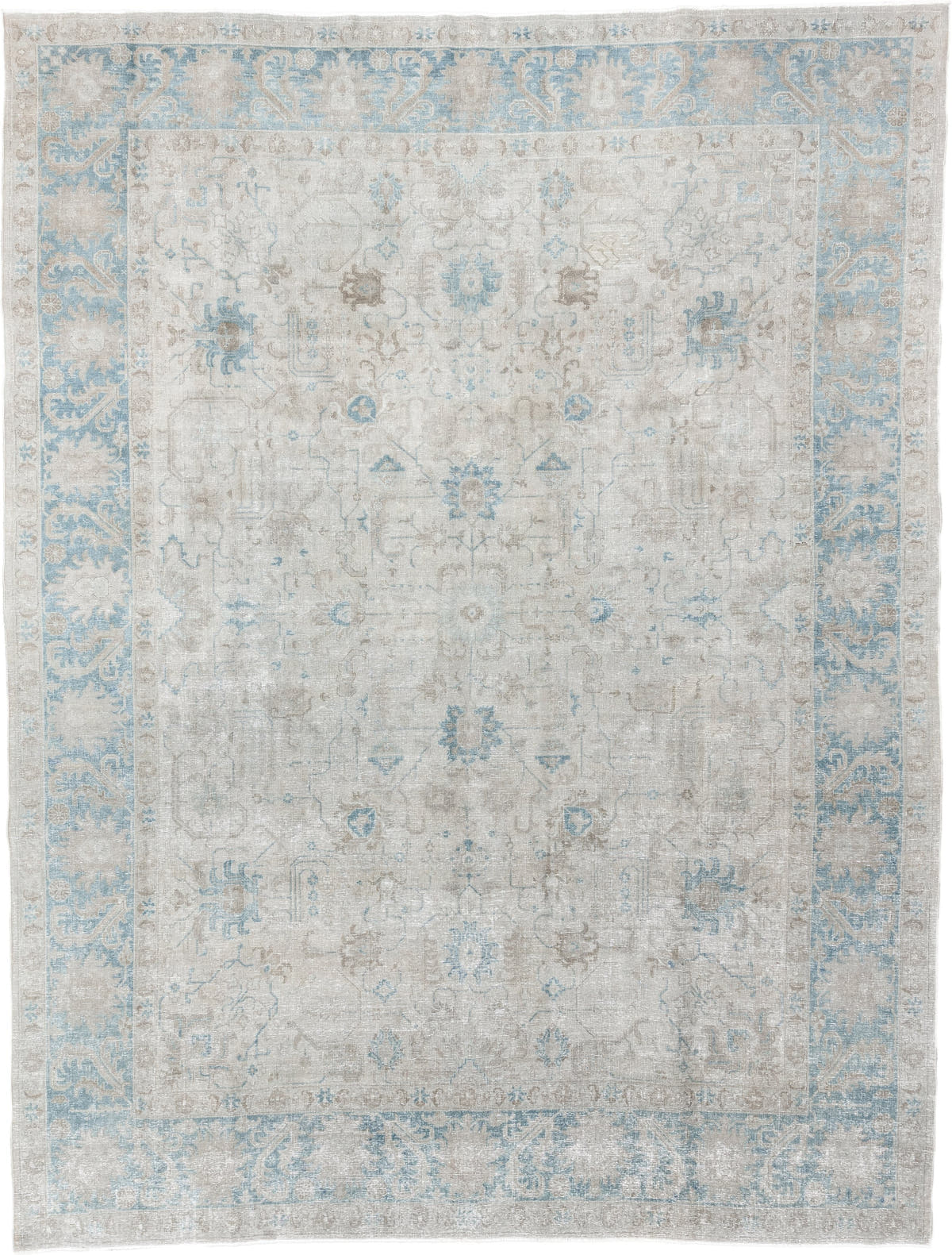 9' x 12' one-of-a-kind handmade antique Tabriz large size rug. Color palette: ivory, light blue, taupe, beige, soft gray