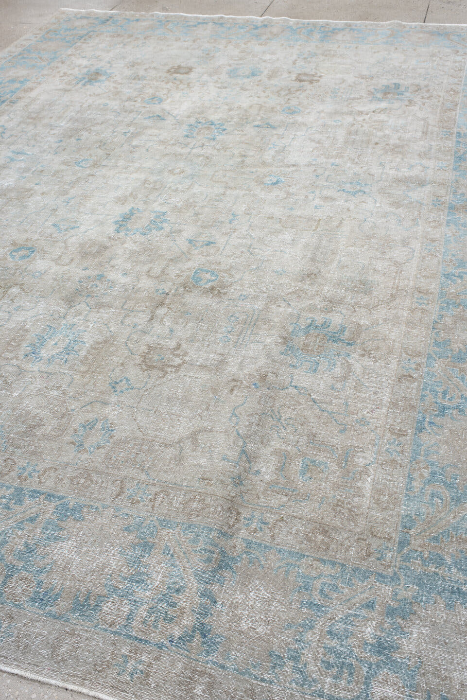 9' x 12' one-of-a-kind handmade antique Tabriz large size rug. Color palette: ivory, light blue, taupe, beige, soft gray