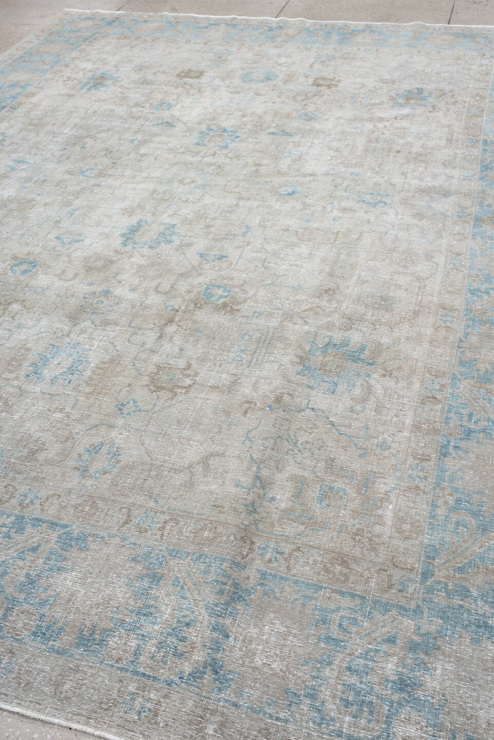9' x 12' one-of-a-kind handmade antique Tabriz large size rug. Color palette: ivory, light blue, taupe, beige, soft gray
