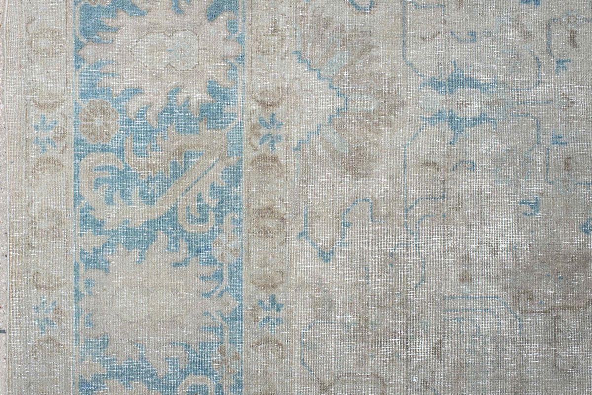9' x 12' one-of-a-kind handmade antique Tabriz large size rug. Color palette: ivory, light blue, taupe, beige, soft gray