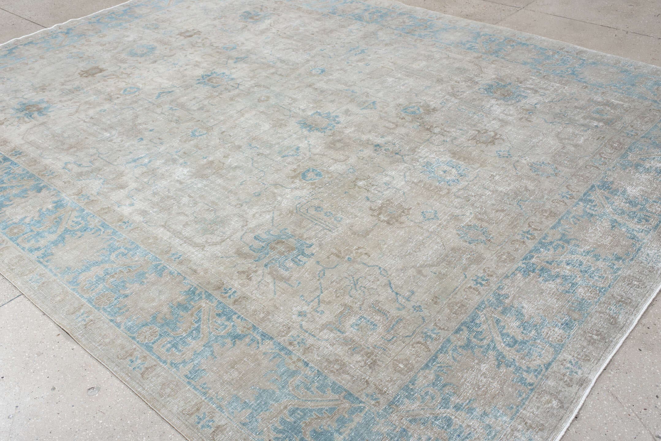 9' x 12' one-of-a-kind handmade antique Tabriz large size rug. Color palette: ivory, light blue, taupe, beige, soft gray