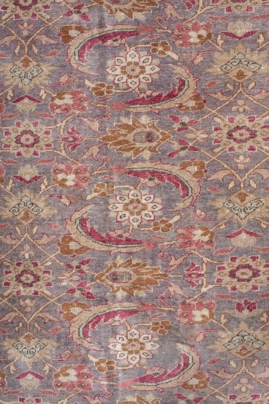 7' x 10' one-of-a-kind handmade antique Sivas large size rug. Color palette: ivory, lavender, rose, rust, gold, taupe, sage