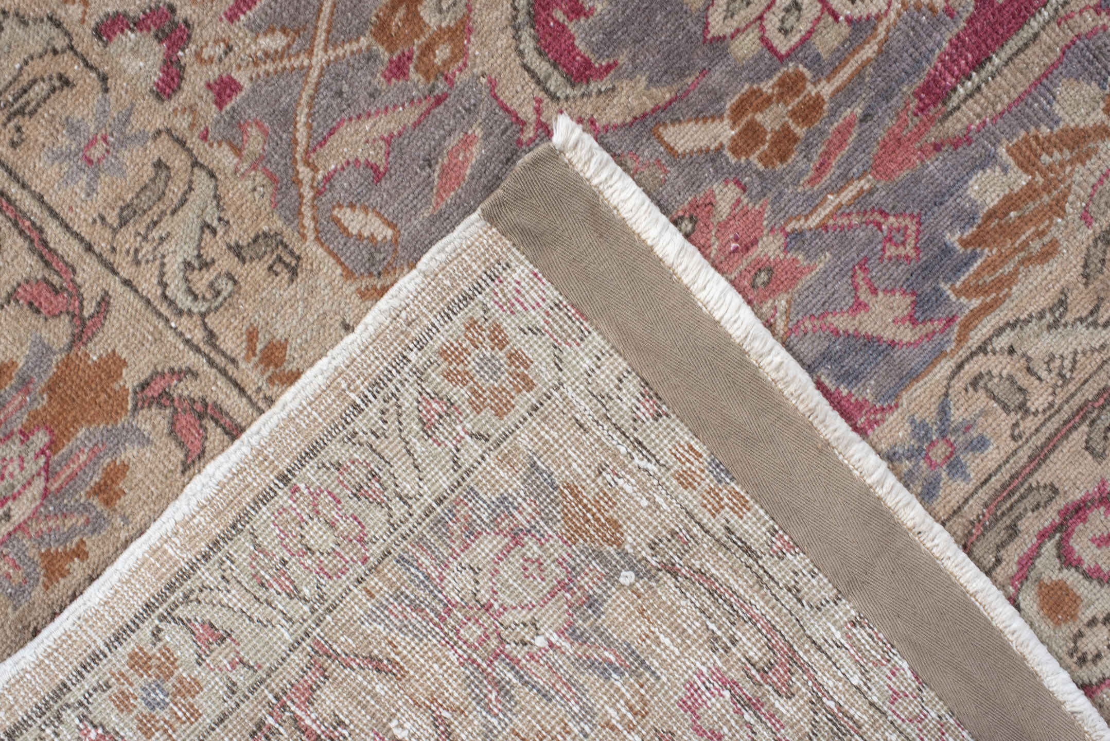 7' x 10' one-of-a-kind handmade antique Sivas large size rug. Color palette: ivory, lavender, rose, rust, gold, taupe, sage