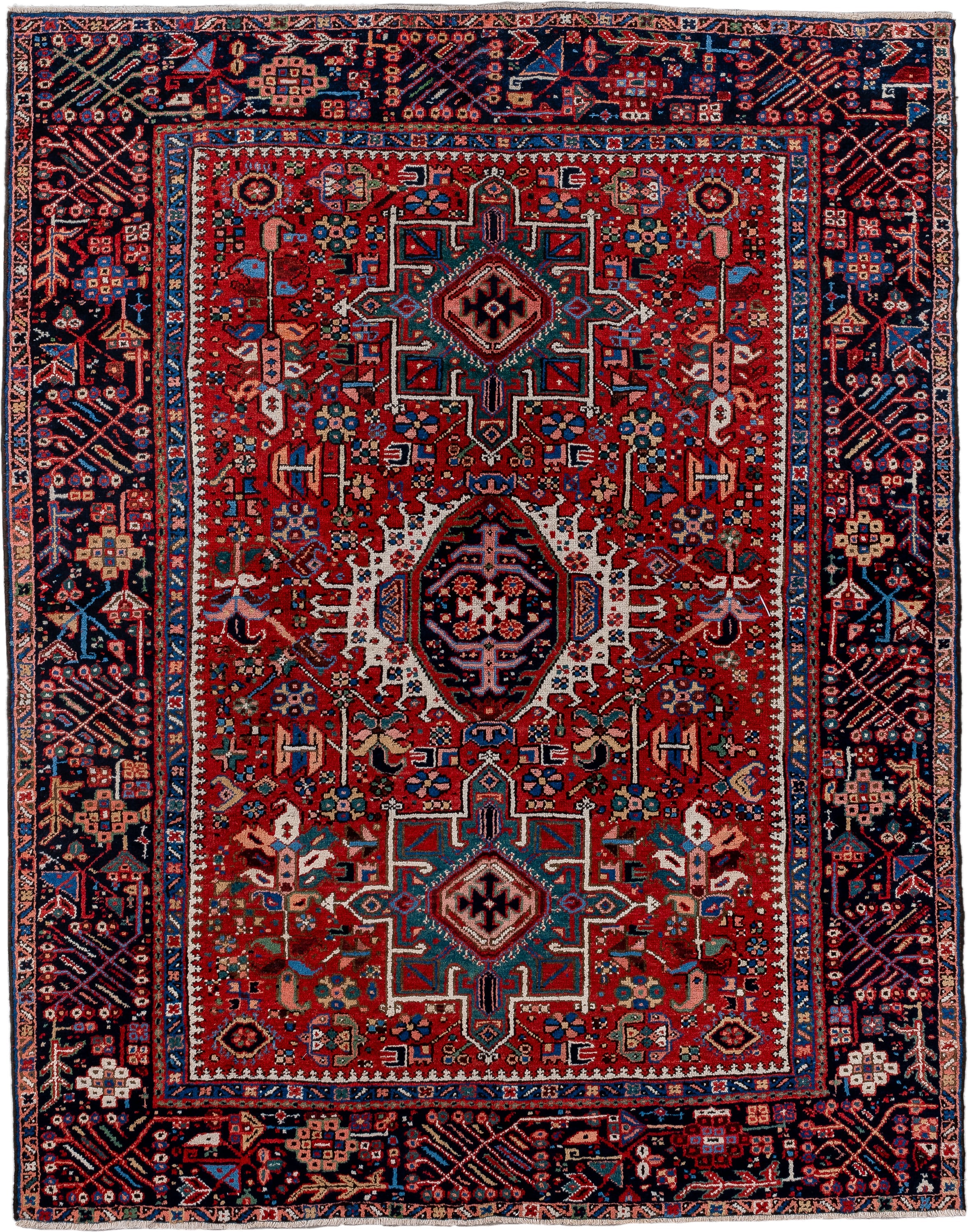 4' x 6' one-of-a-kind handmade vintage Karaje rug. Color palette: red, navy, ivory, sky blue, teal, rose, coral, charcoal
