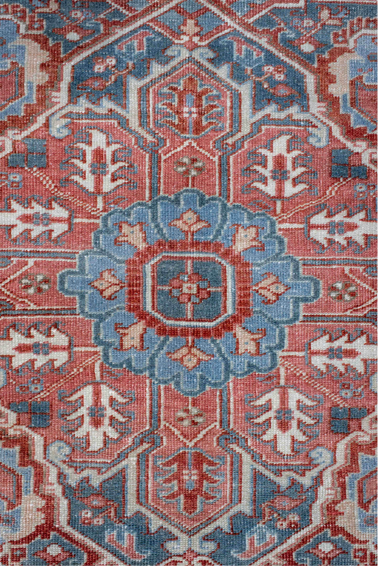 8' x 11' one-of-a-kind handmade antique Heriz large size rug. Color palette: ivory, sky blue, rust, terra cotta, brick