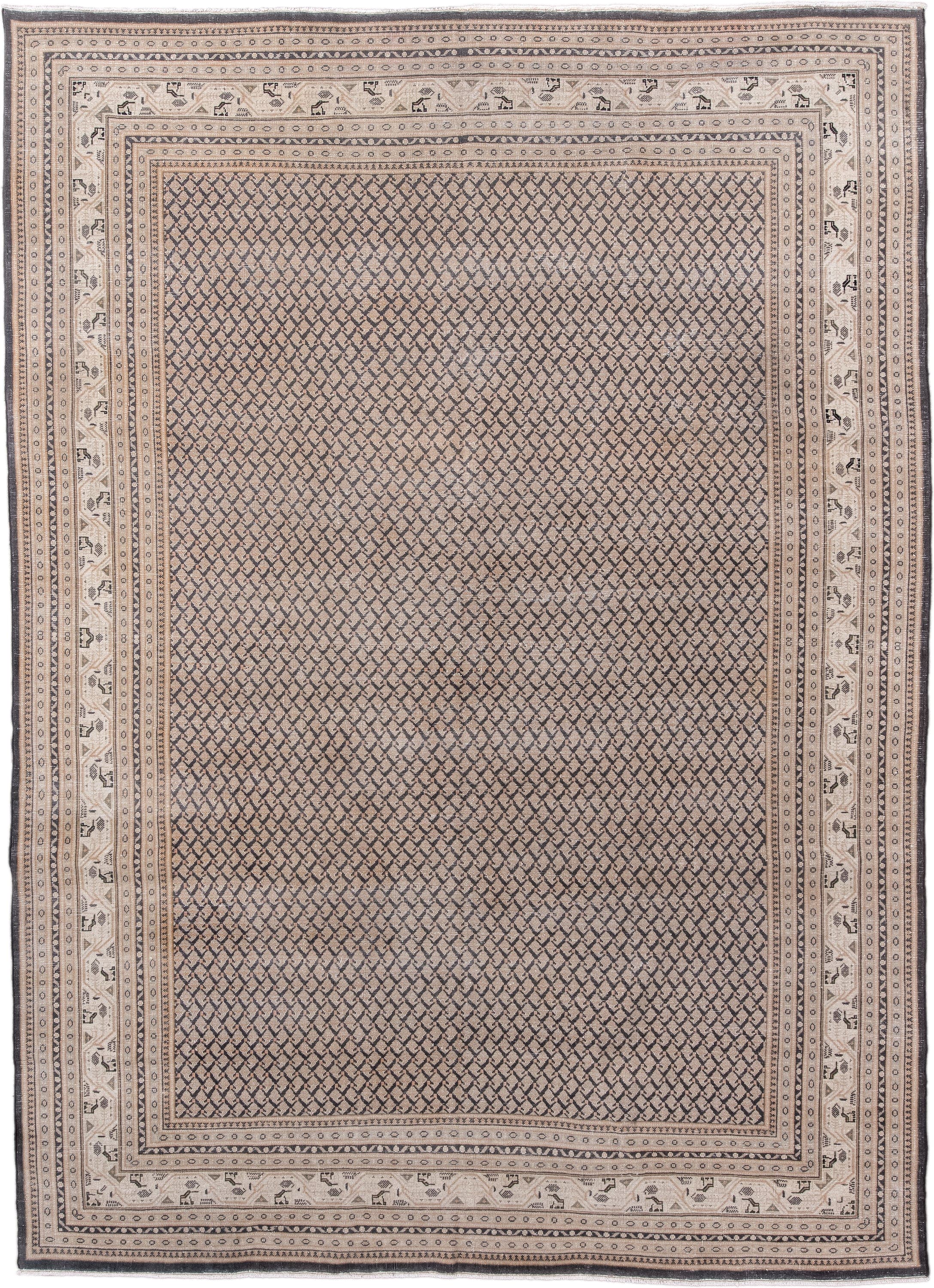 8' x 11' one-of-a-kind handmade vintage Saraband large size rug. Color palette: taupe, ivory, charcoal, camel, brown, beige