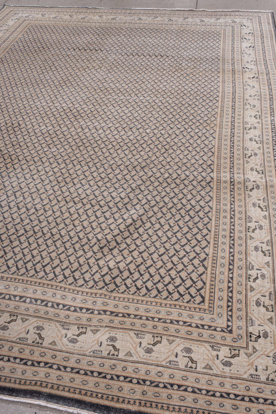 8' x 11' one-of-a-kind handmade vintage Saraband large size rug. Color palette: taupe, ivory, charcoal, camel, brown, beige