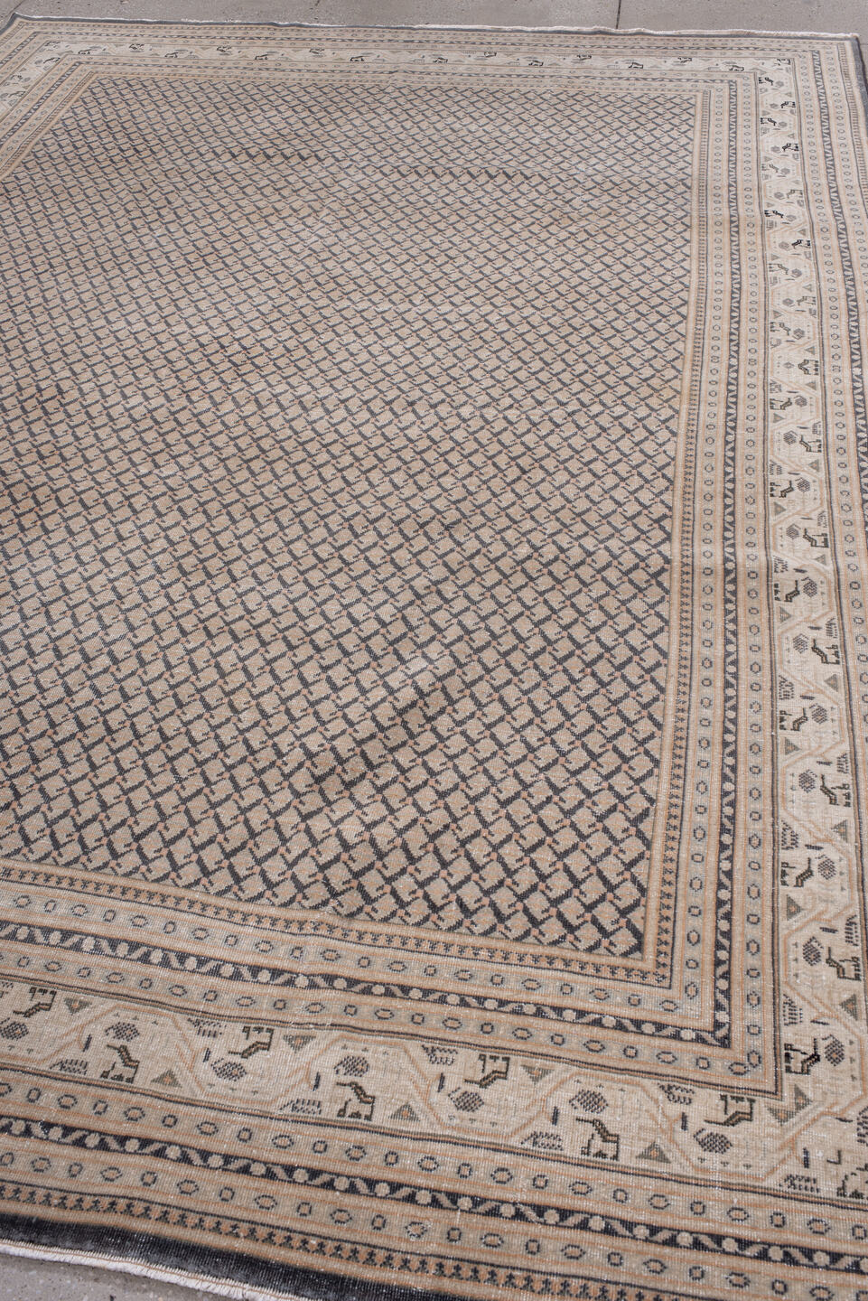 8' x 11' one-of-a-kind handmade vintage Saraband large size rug. Color palette: taupe, ivory, charcoal, camel, brown, beige