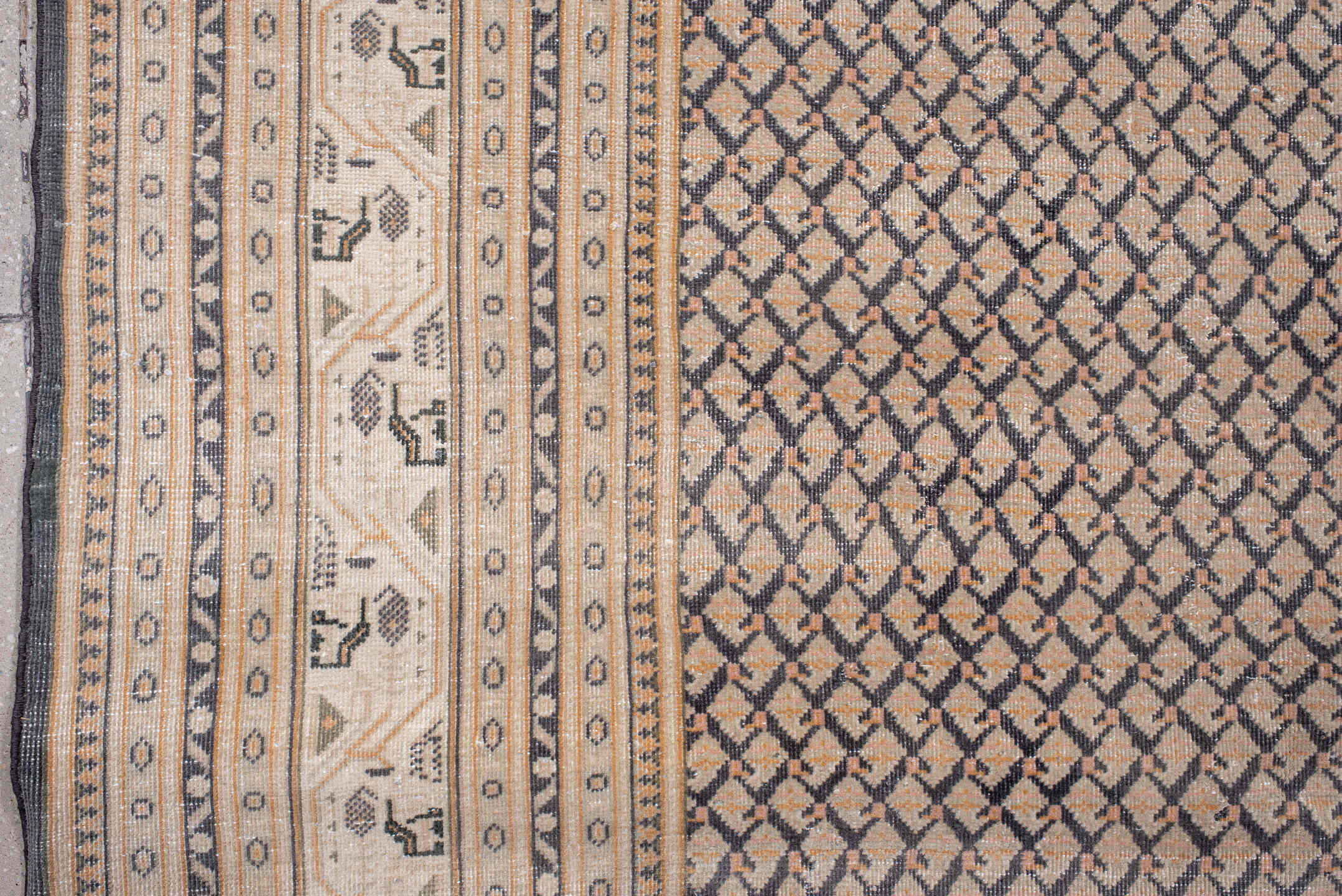 8' x 11' one-of-a-kind handmade vintage Saraband large size rug. Color palette: taupe, ivory, charcoal, camel, brown, beige
