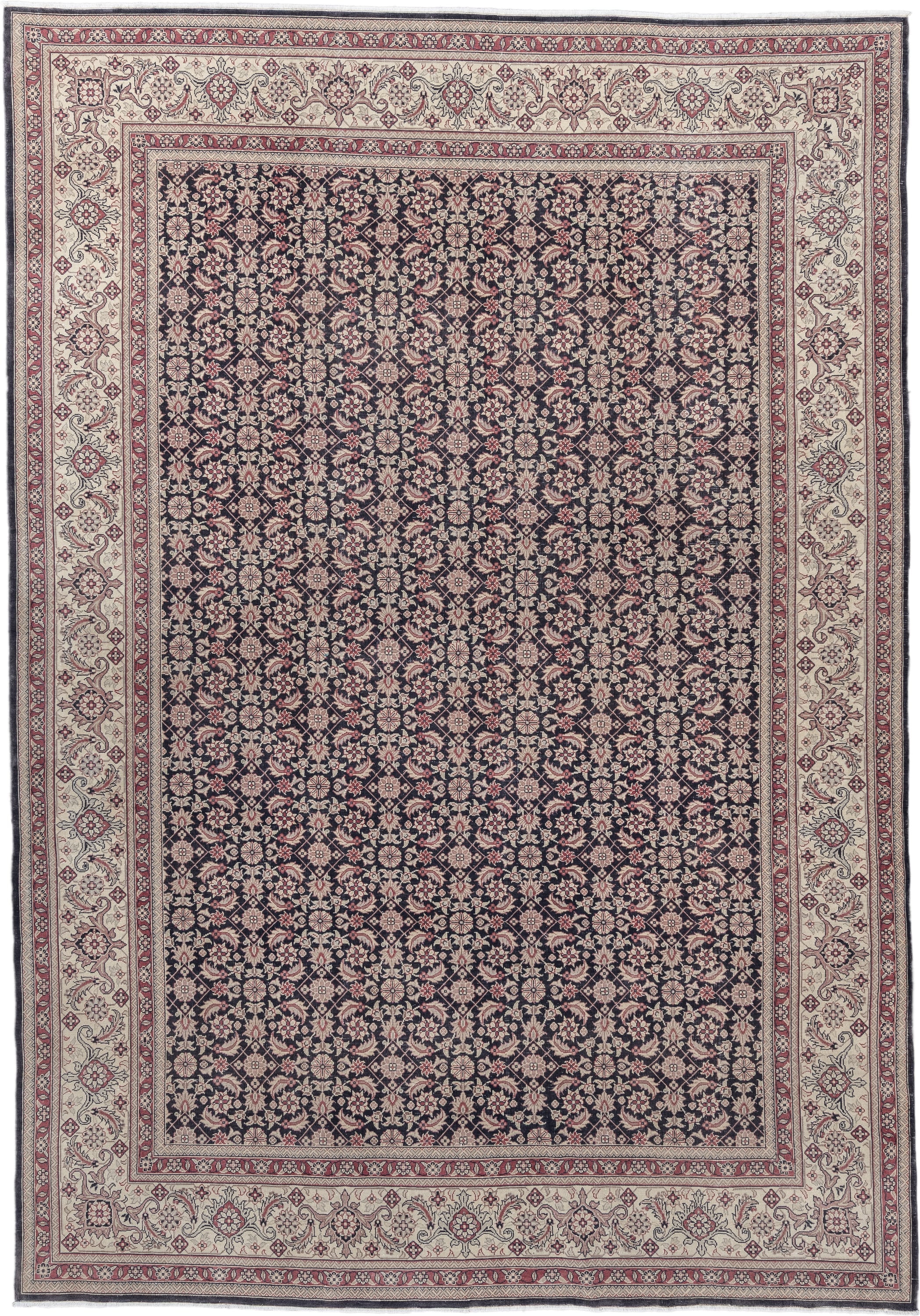 0' x 0' one-of-a-kind handmade vintage Sivas small size rug. Color palette: navy, ivory, terracotta, rose, taupe, charcoal