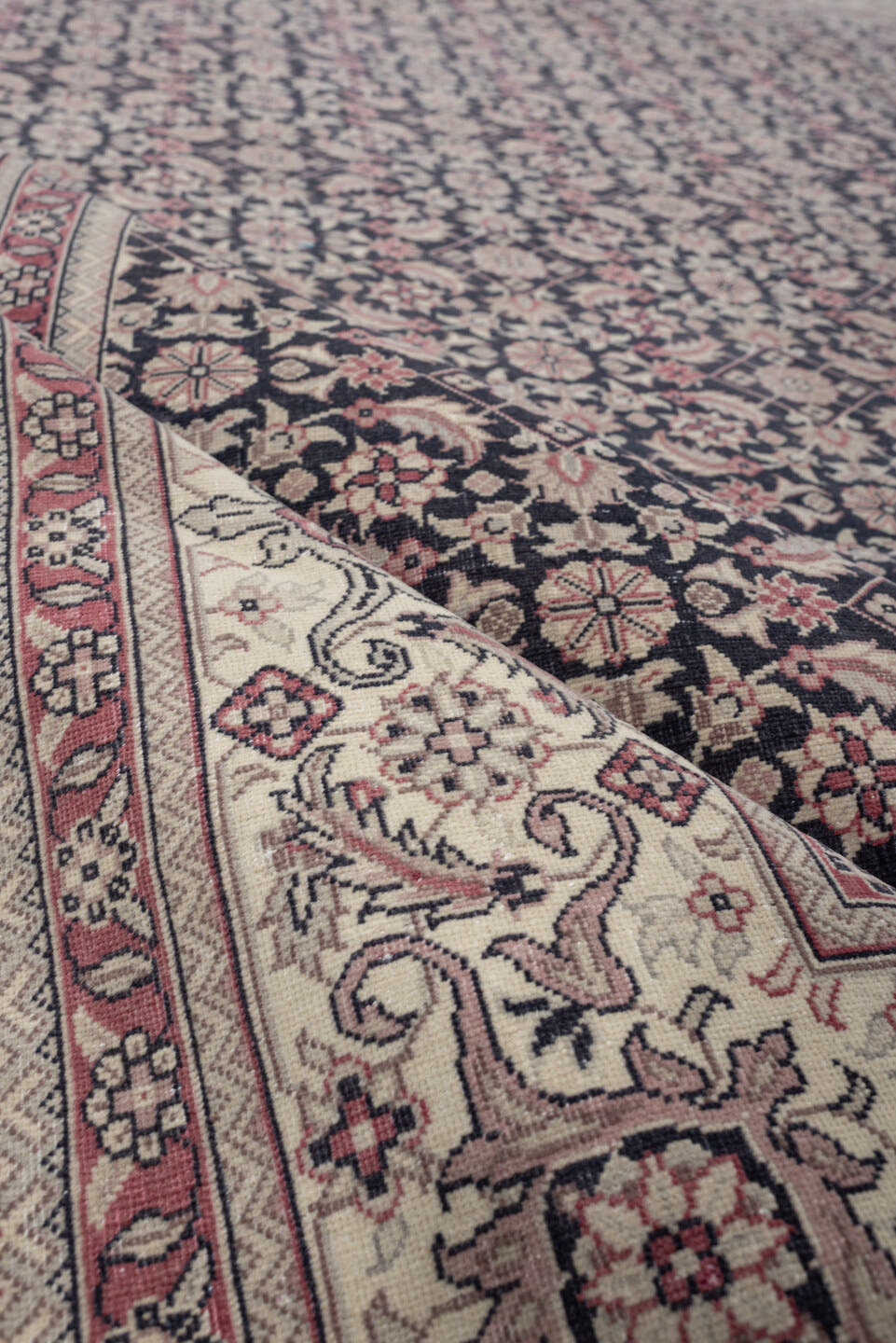 0' x 0' one-of-a-kind handmade vintage Sivas small size rug. Color palette: navy, ivory, terracotta, rose, taupe, charcoal
