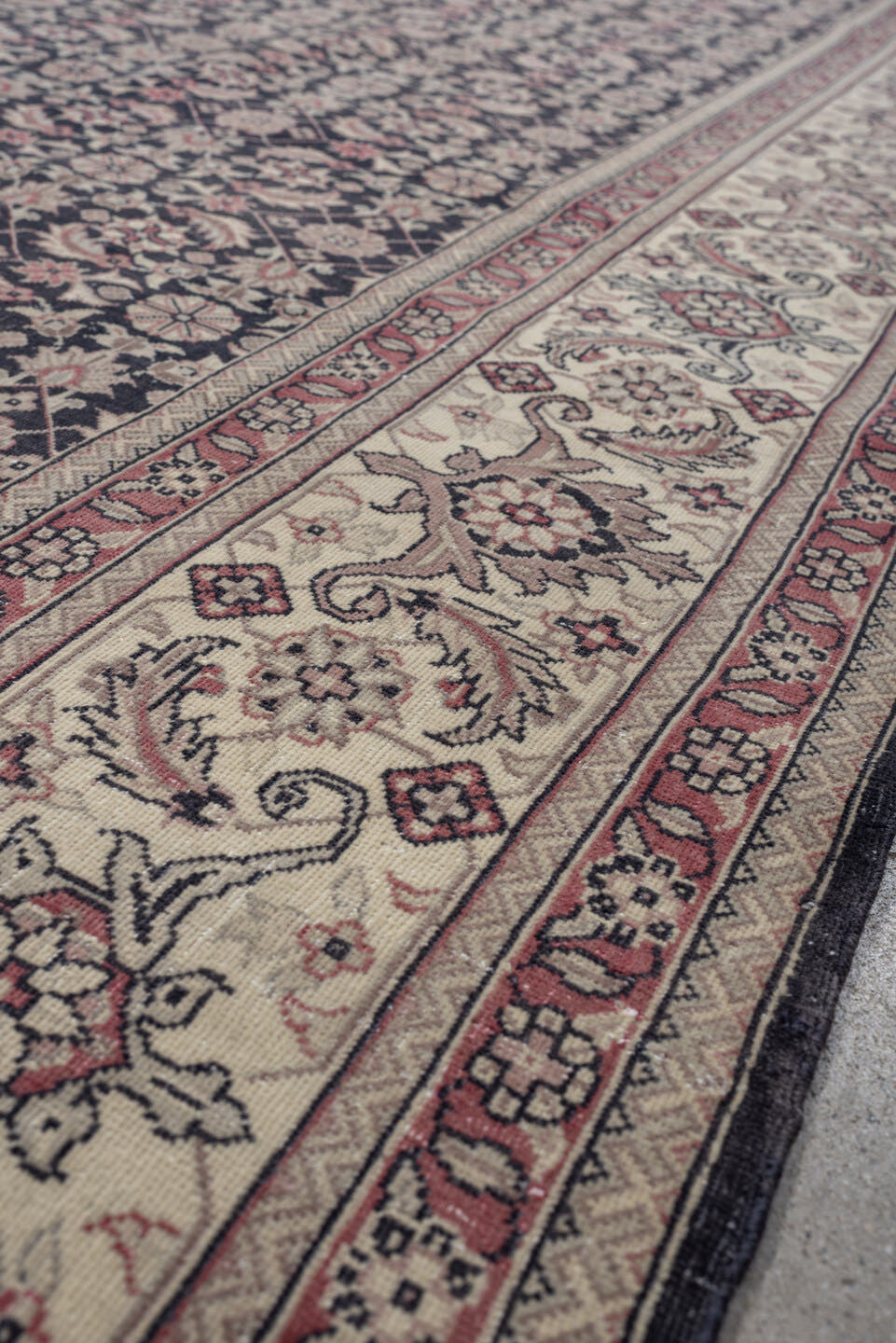0' x 0' one-of-a-kind handmade vintage Sivas small size rug. Color palette: navy, ivory, terracotta, rose, taupe, charcoal