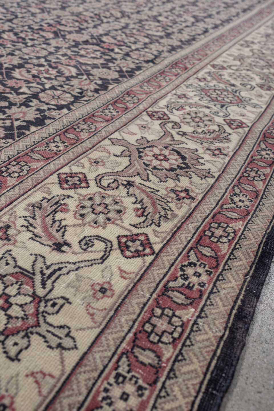 0' x 0' one-of-a-kind handmade vintage Sivas small size rug. Color palette: navy, ivory, terracotta, rose, taupe, charcoal
