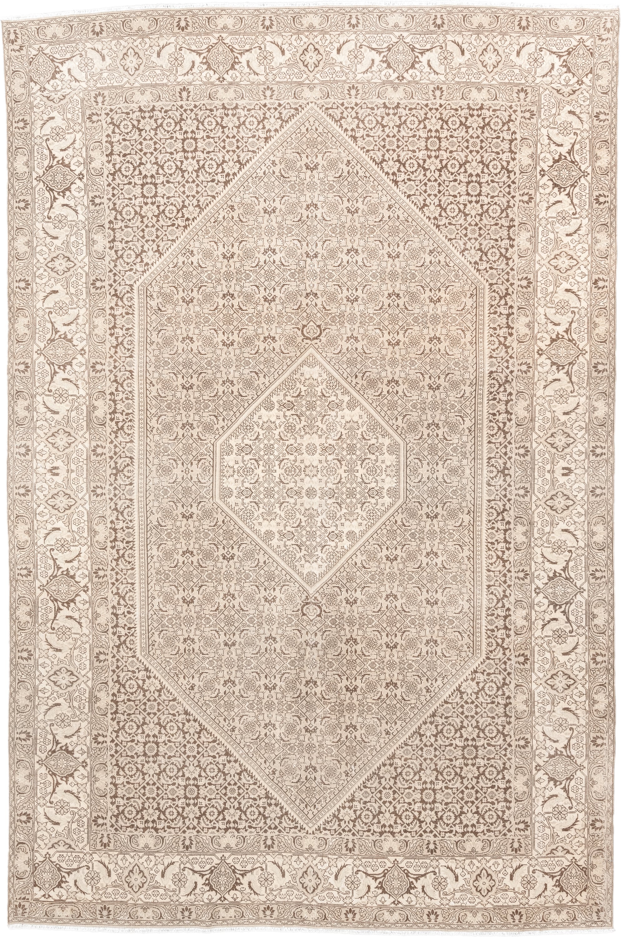 6' x 9' one-of-a-kind handmade antique Bidjar medium size rug. Color palette: ivory, taupe, beige, camel, sand, gray