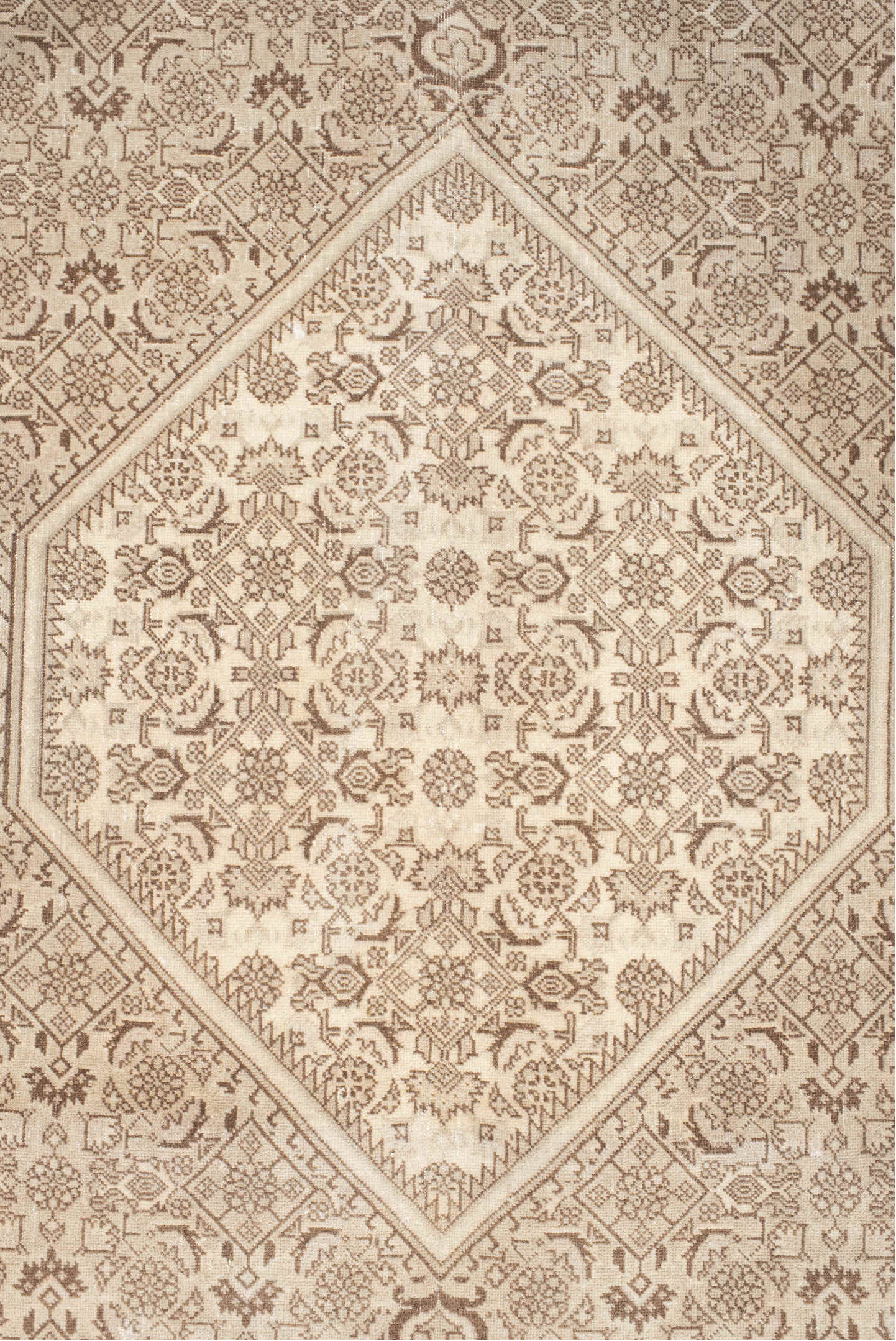 6' x 9' one-of-a-kind handmade vintage Bidjar medium size rug. Color palette: antiquewhite, blanched almond, brown, gray