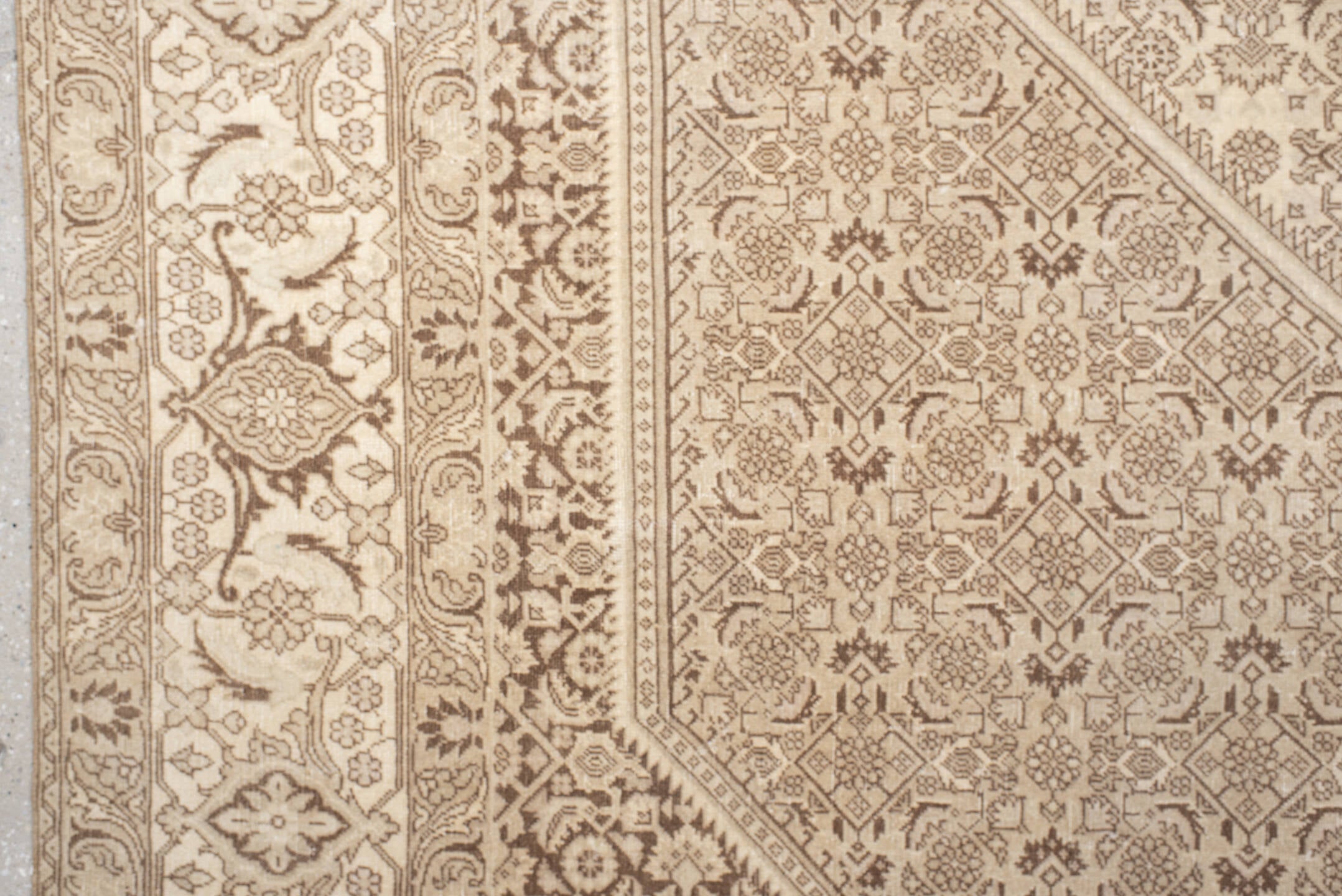6' x 9' one-of-a-kind handmade antique Bidjar medium size rug. Color palette: ivory, taupe, beige, camel, sand, gray