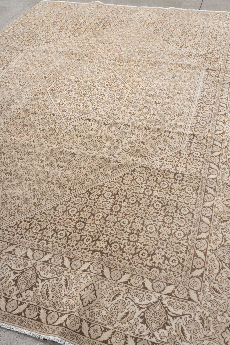 8' x 10' one-of-a-kind handmade antique Bidjar large size rug. Color palette: ivory, taupe, camel, beige, sand, gray