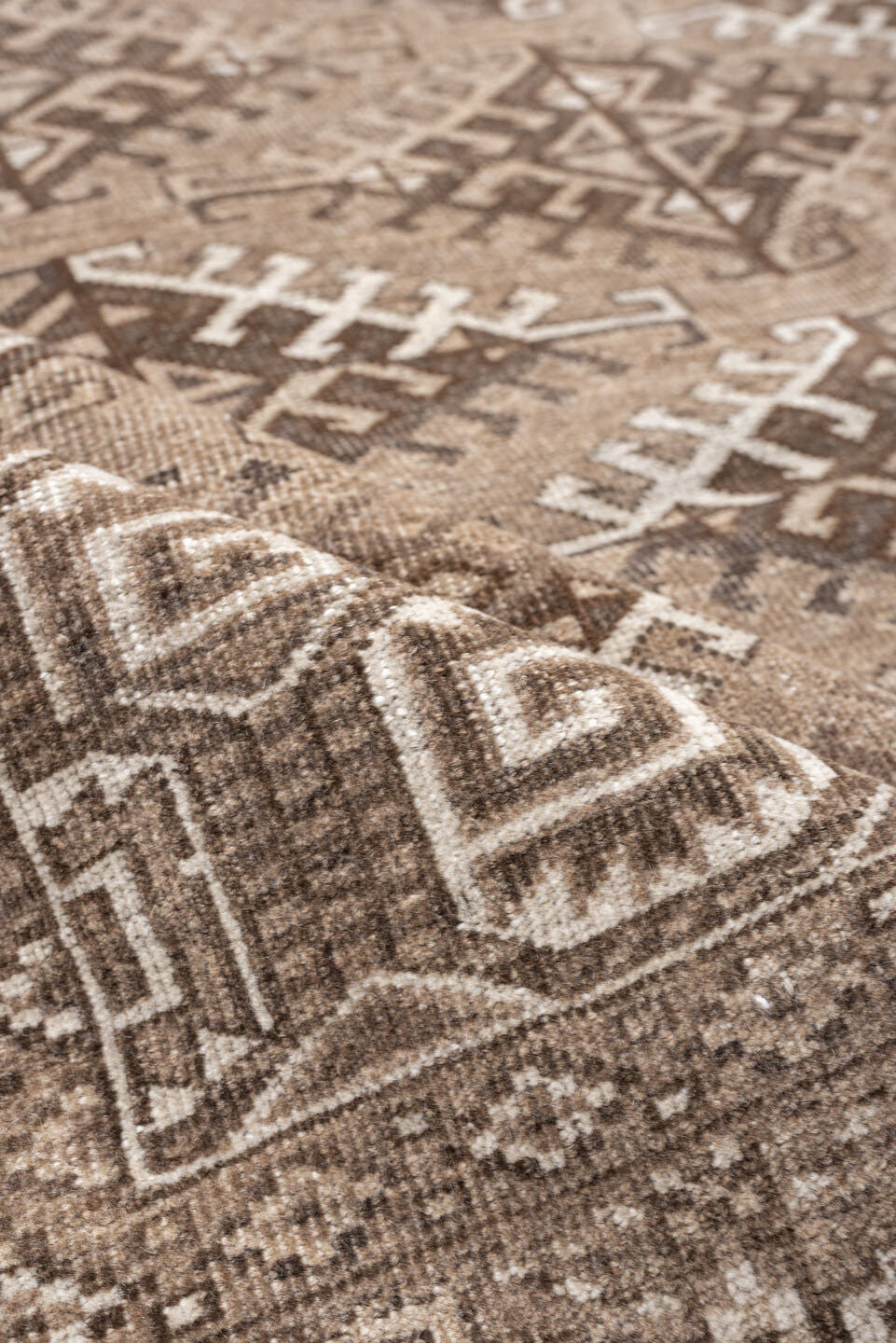 6' x 9' one-of-a-kind handmade antique Yamoud large size rug. Color palette: taupe, camel, ivory, brown, sand, charcoal