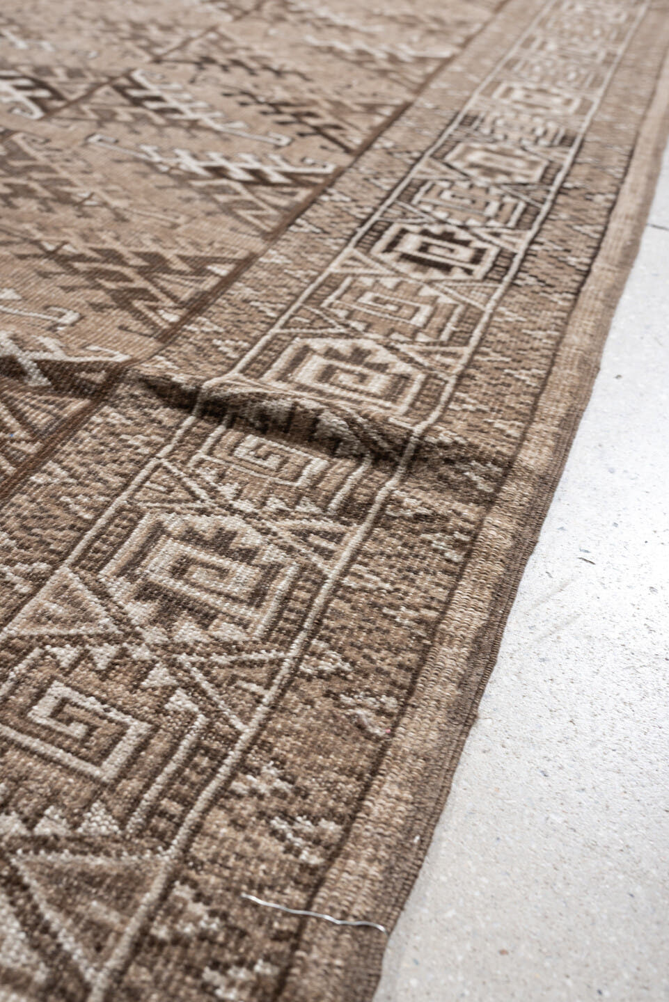 6' x 9' one-of-a-kind handmade antique Yamoud large size rug. Color palette: taupe, camel, ivory, brown, sand, charcoal