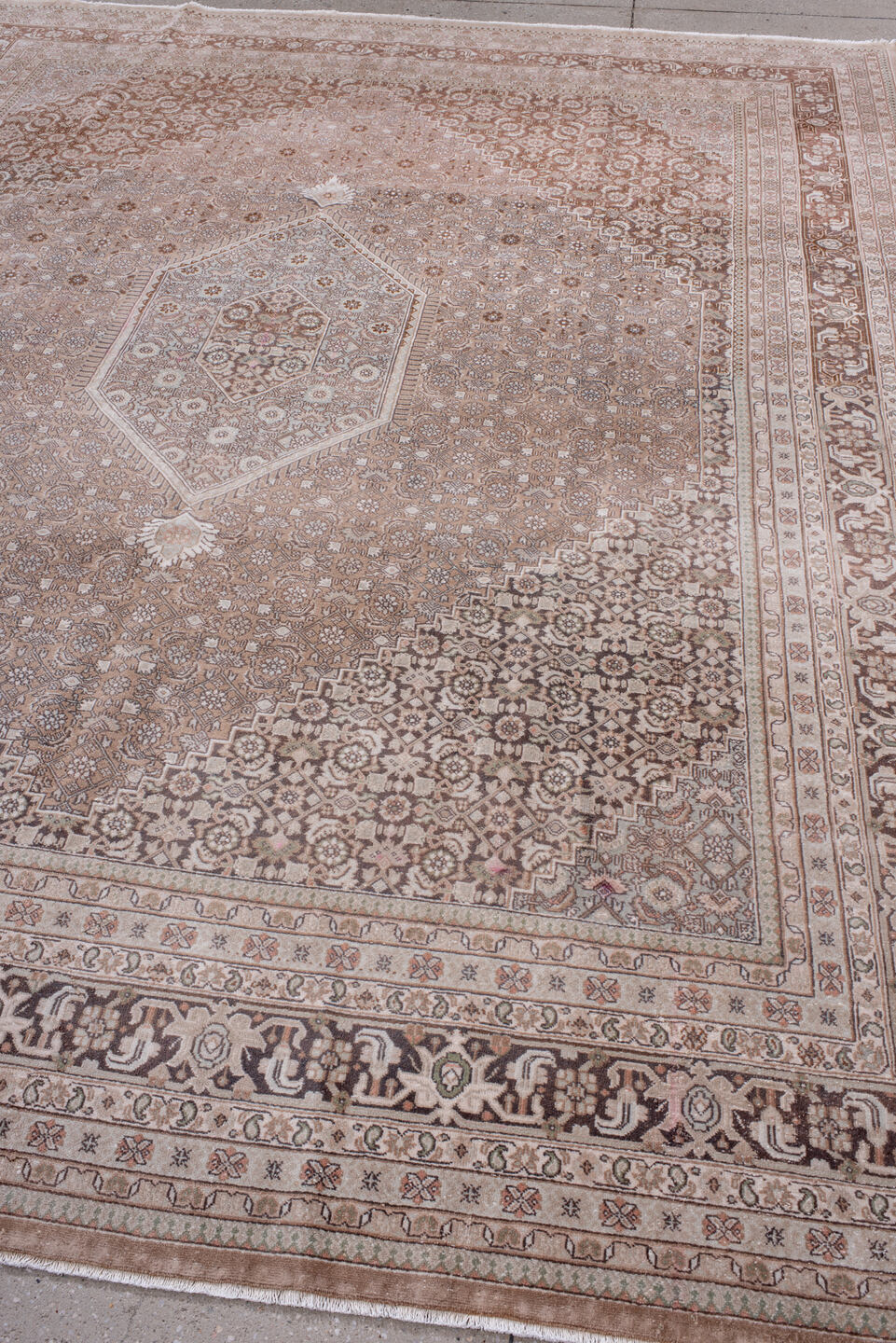 8' x 10' one-of-a-kind handmade vintage Tabriz large size rug. Color palette: brown, gray, light gray, misty rose, off-white